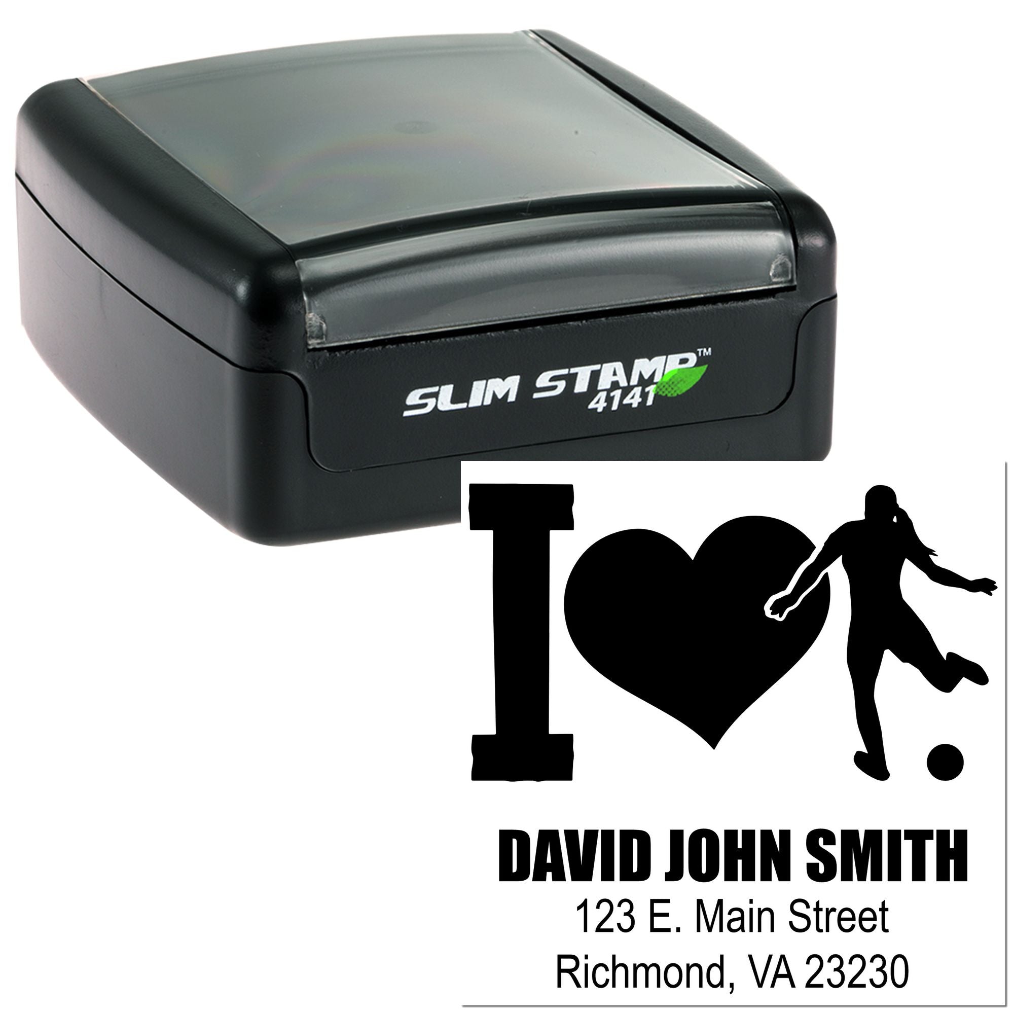 Slim Stamp 4141 self-inking rubber stamp with custom logo, name, and address imprint for personalized business use.