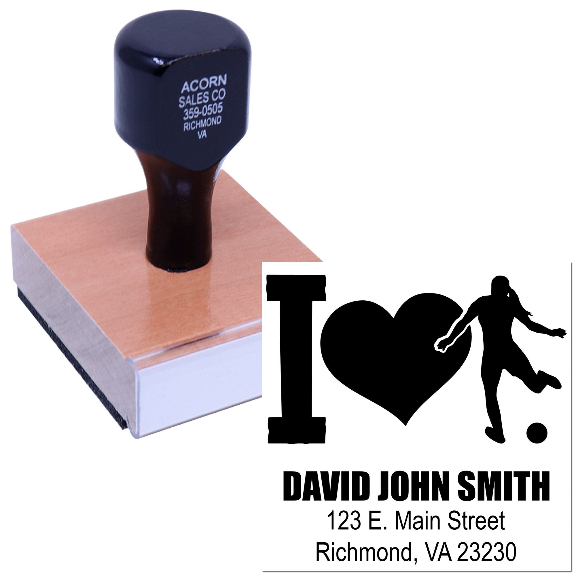 Custom rubber stamp showing a personalized I love design with name and address for return mailing and branding.