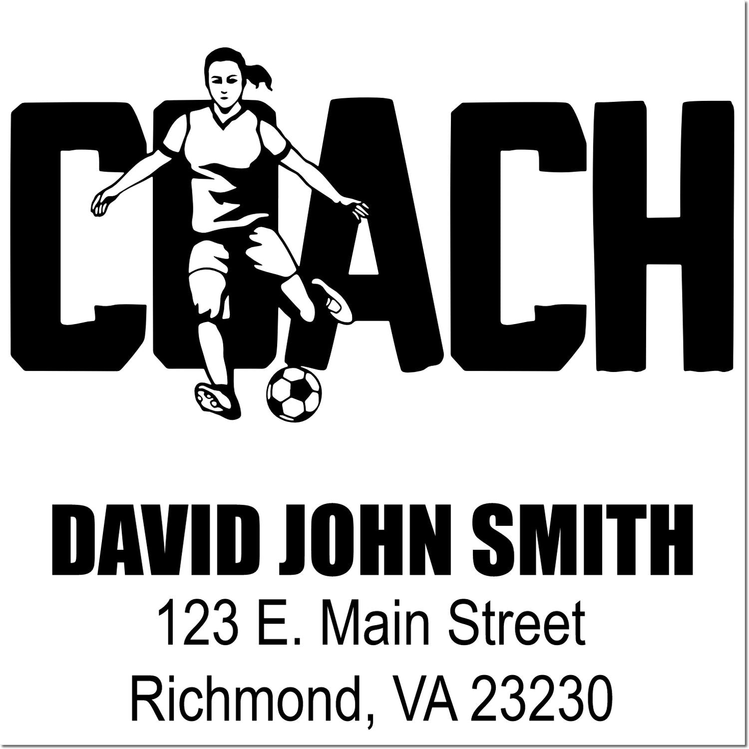 Custom soccer coach rubber stamp with player silhouette, personalized name, and address for team correspondence.