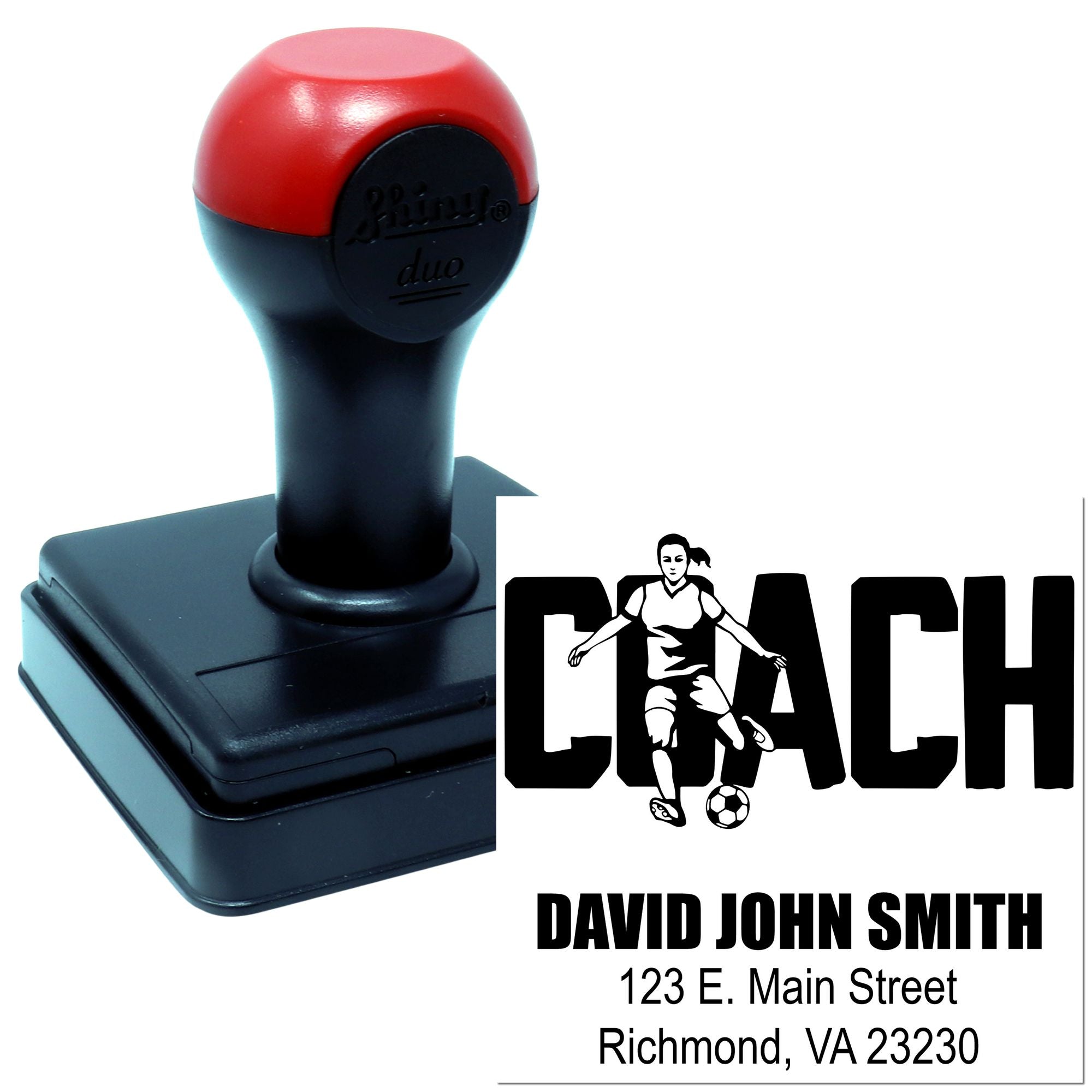Custom self-inking coach rubber stamp with soccer player logo, name, and address for team branding and paperwork.