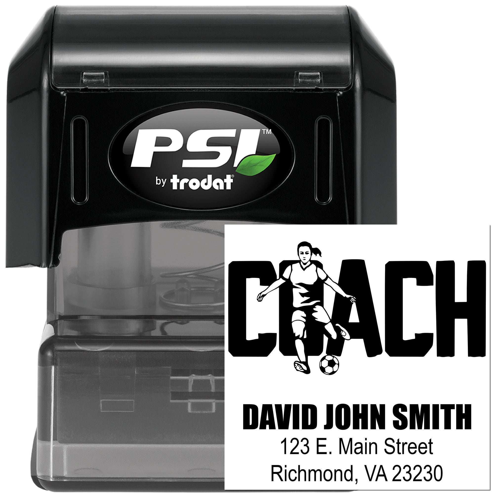 Custom self-inking coach rubber stamp with soccer logo, name, and address for team correspondence.