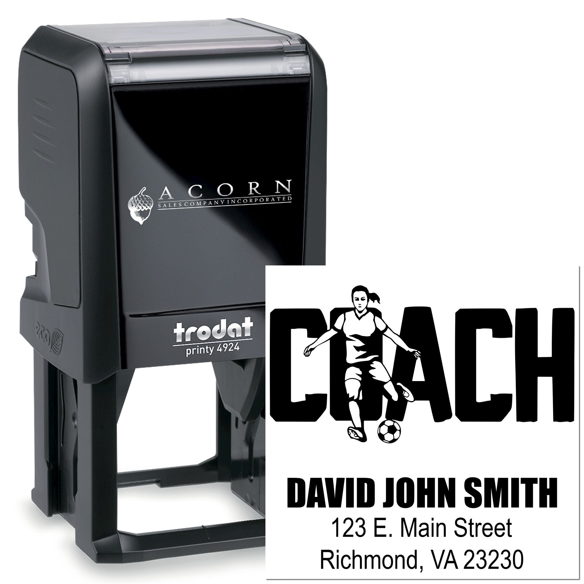 Custom self-inking coach rubber stamp with soccer graphic, name, and return address for team mailings.