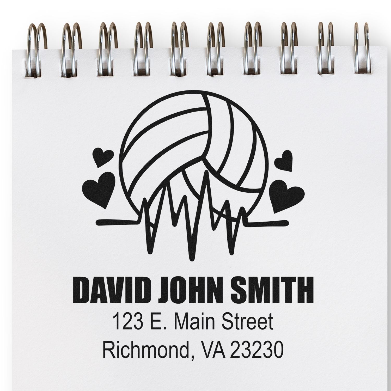 Custom volleyball rubber stamp with hearts, personalized for David John Smith, 123 E. Main Street, Richmond, VA 23230.