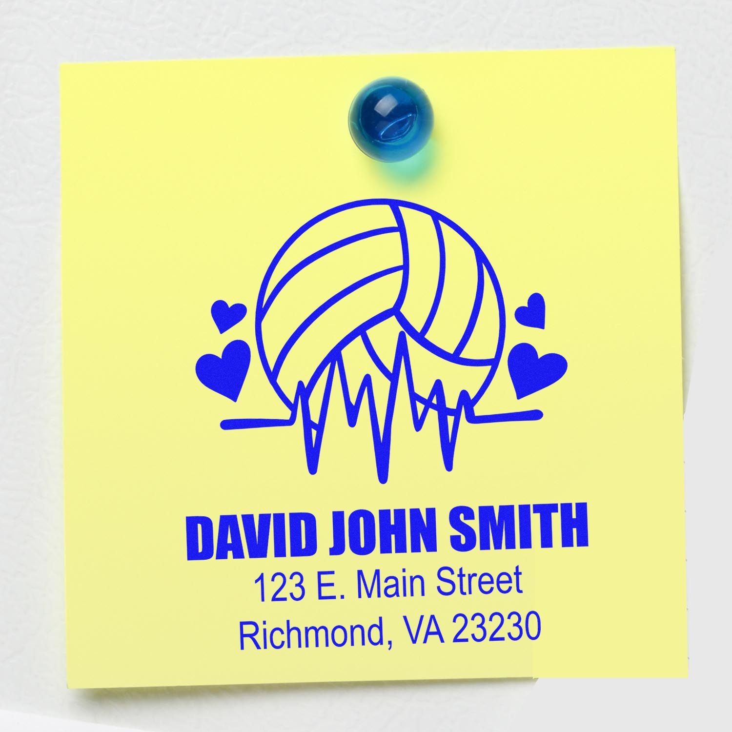 Custom volleyball rubber stamp with hearts and return address for David John Smith, Richmond, VA 23230
