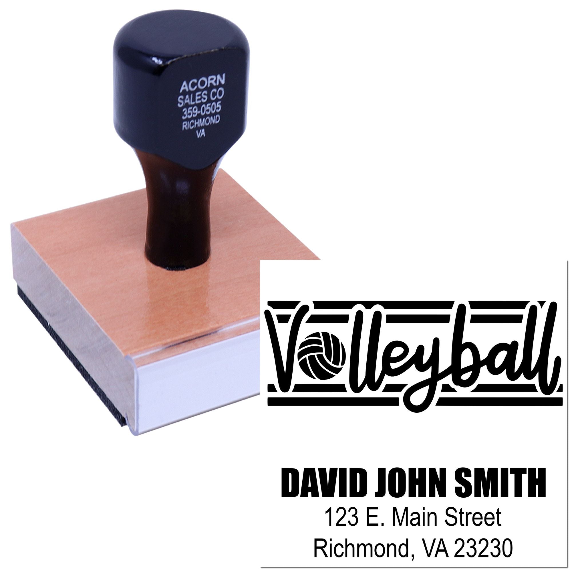 Custom self-inking volleyball address rubber stamp preview with personalized name and Richmond, VA mailing details