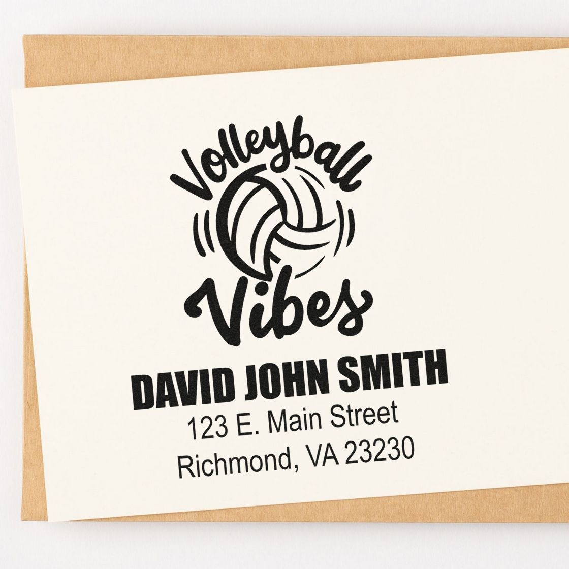 Personalized volleyball rubber stamp for team branding, featuring Volleyball Vibes, name, and address.