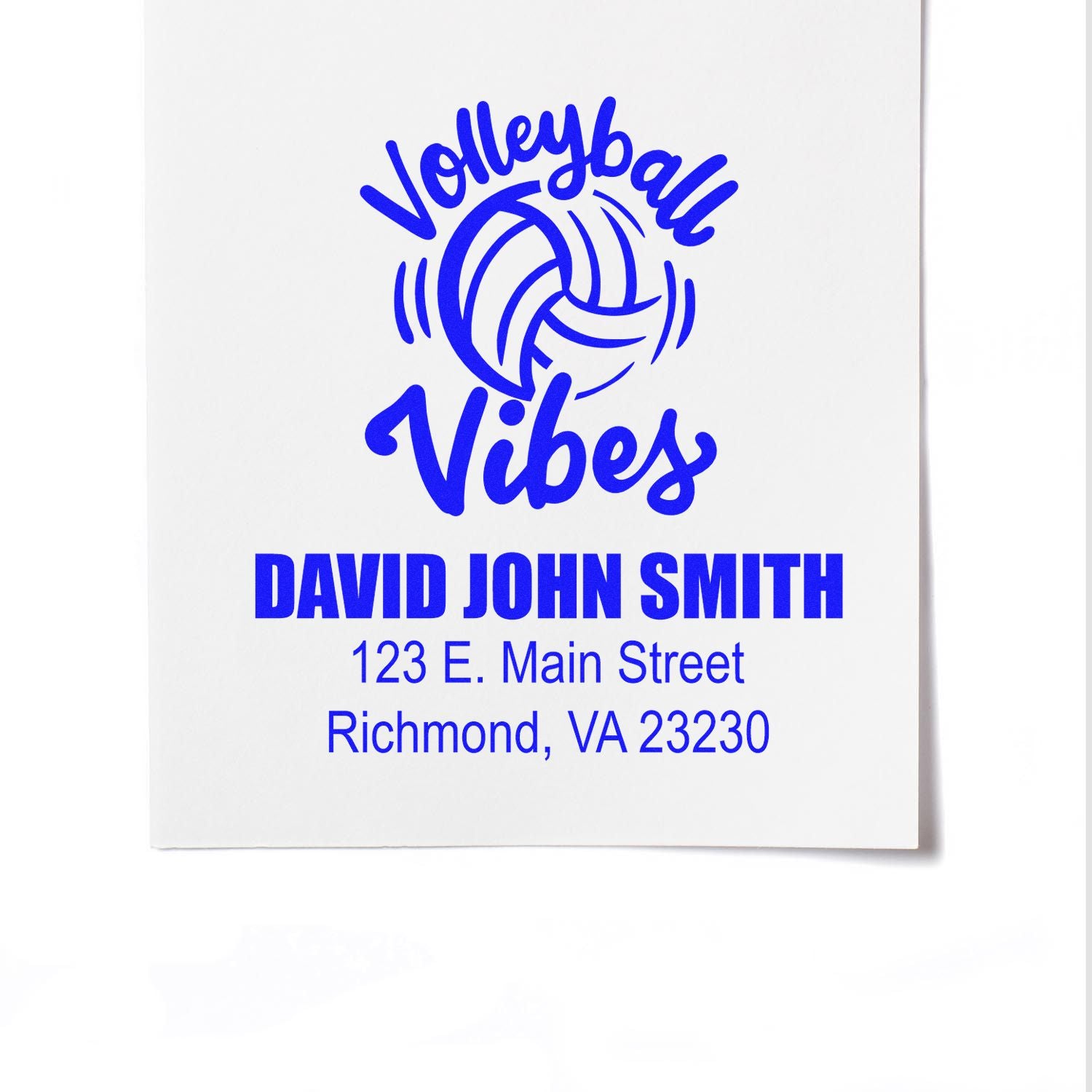 Custom volleyball rubber stamp with team logo, David John Smith name, and Richmond, VA address for sports branding.