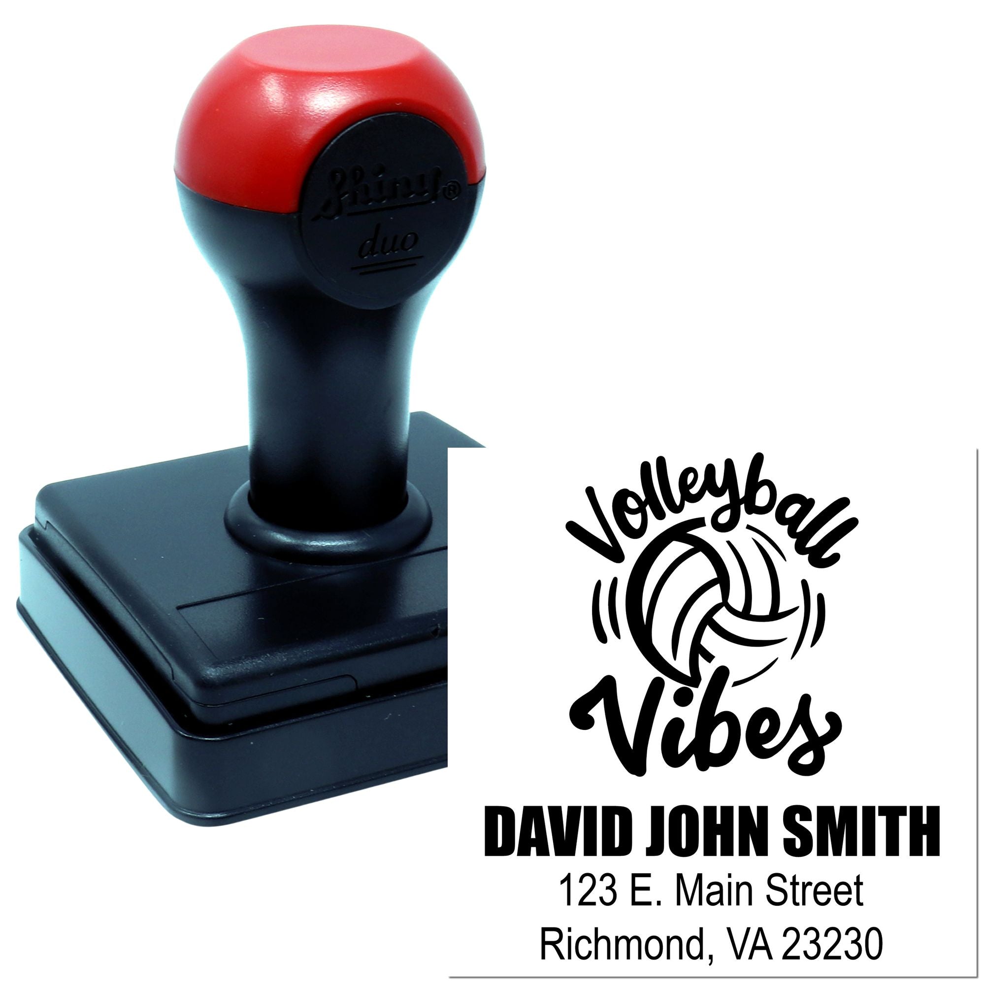 Custom volleyball rubber stamp with self-inking handle and address block for David John Smith, Richmond, VA.