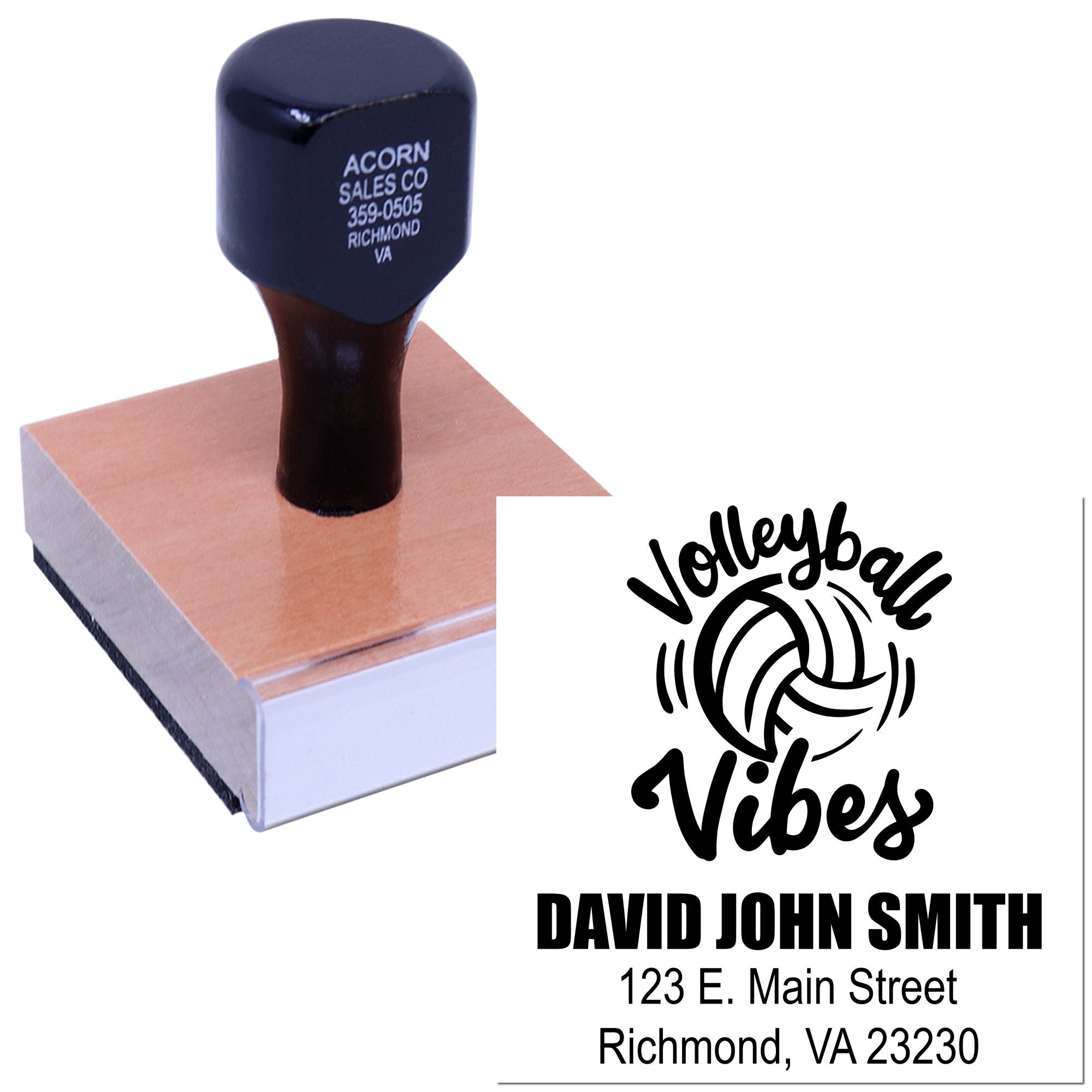 Custom volleyball return address rubber stamp with name, street address and Richmond, VA city details for personalized mailing.