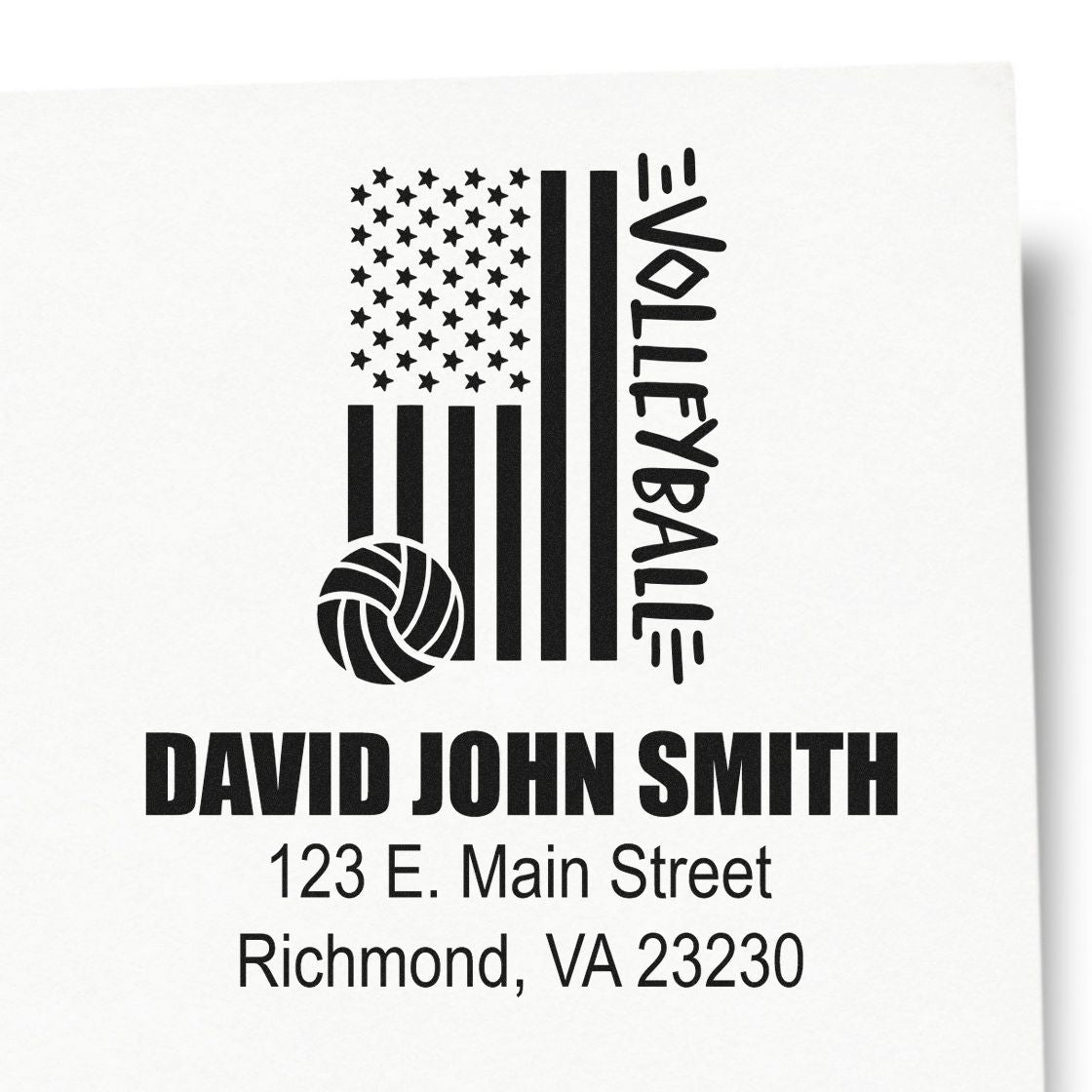 Personalized volleyball return address rubber stamp with American flag design for David John Smith, Richmond, VA.