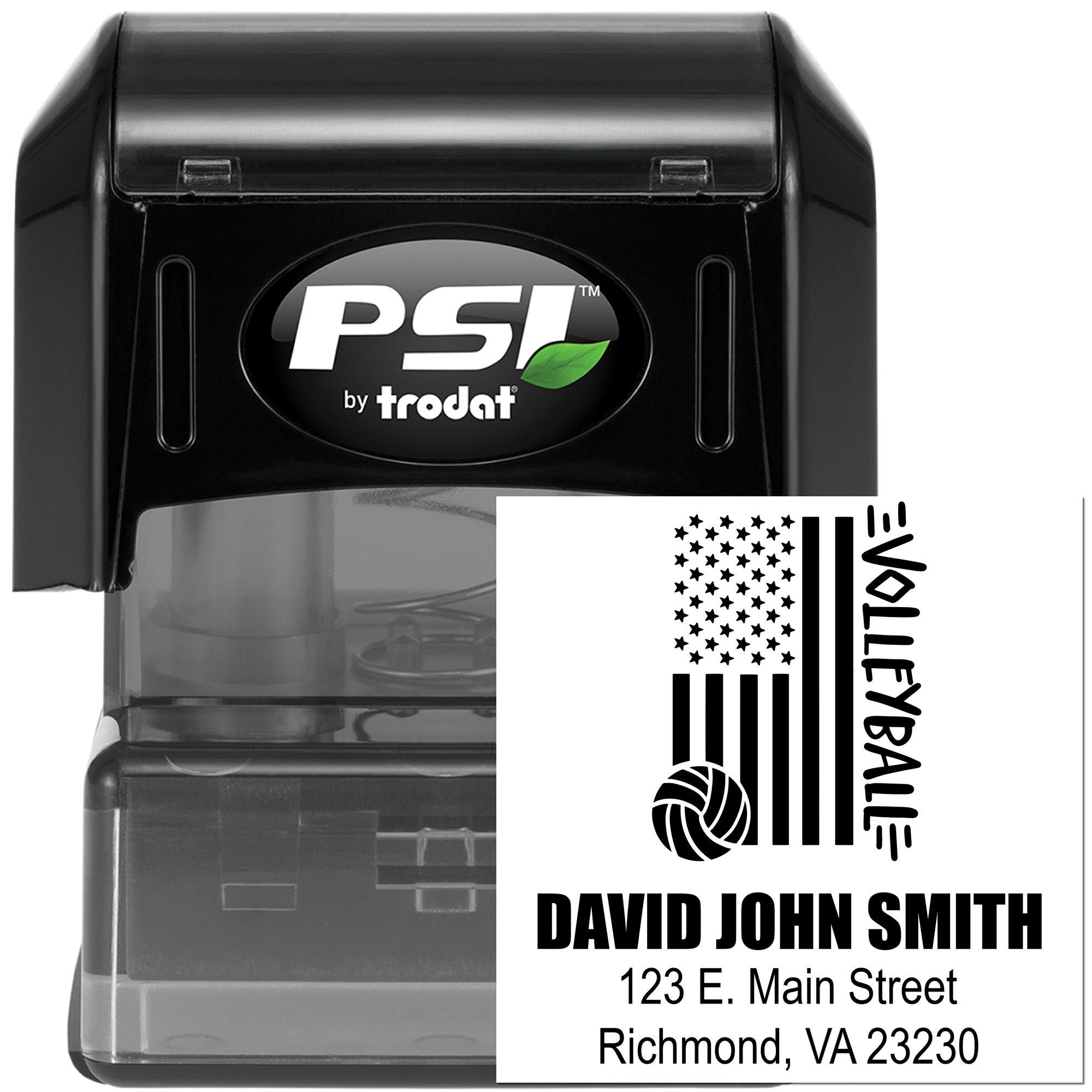 Custom self-inking rubber stamp with volleyball logo, David John Smith address, PSI by Trodat personalized return address stamp.
