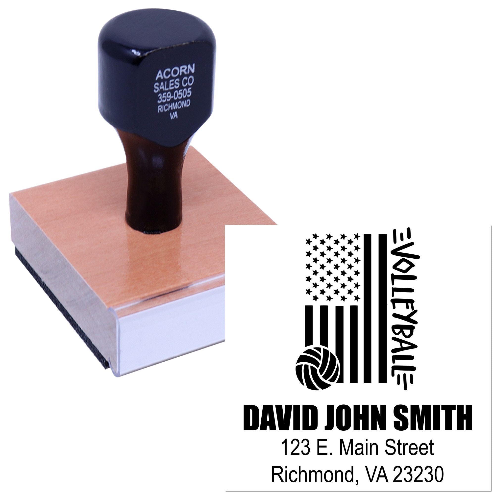 Custom volleyball address rubber stamp with personalized name, logo, and Richmond, VA return address