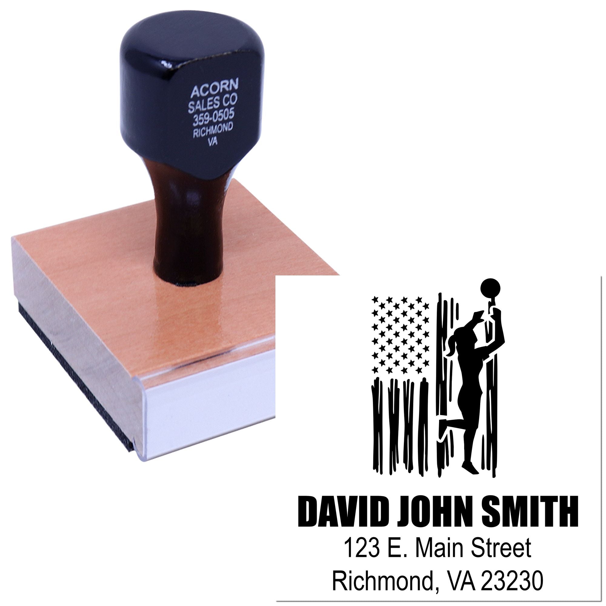 Custom rubber return address stamp with logo, name, and street address for business branding and mailing.
