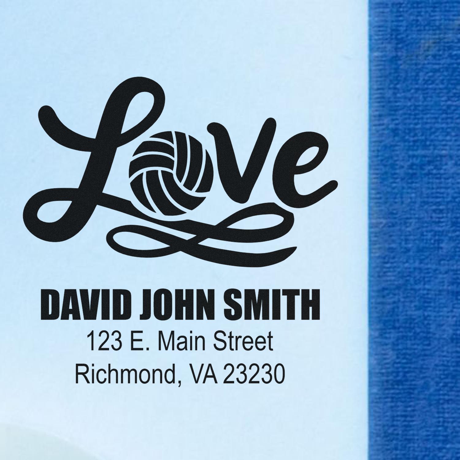 Personalized rubber stamp with Love yarn design, David John Smith name and address, ideal for custom wedding or business use.