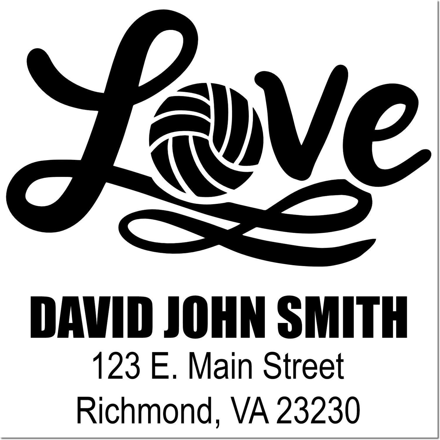 Custom volleyball love return address rubber stamp with David John Smith, 123 E. Main Street, Richmond, VA 23230