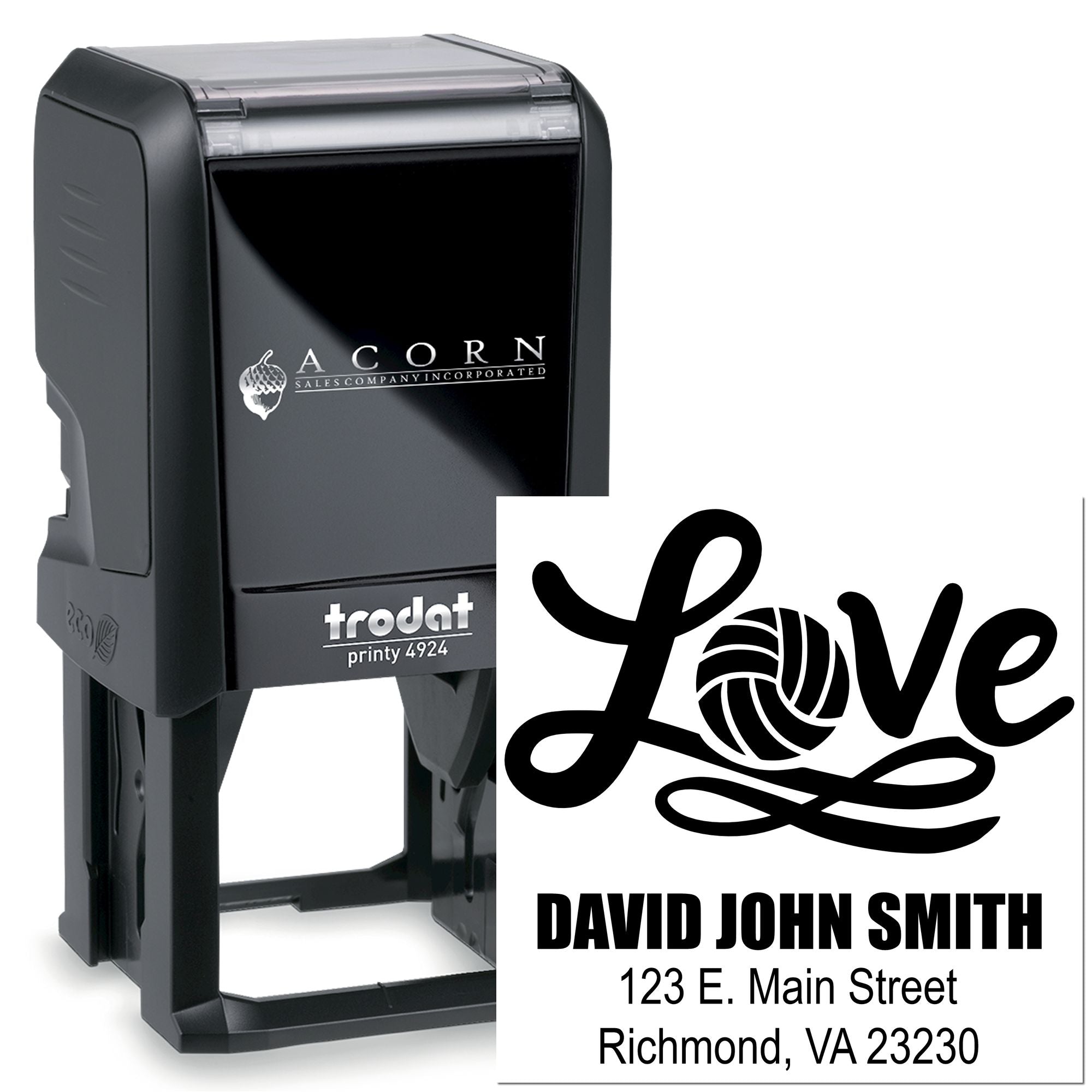 Custom self-inking rubber stamp with Love design and personalized name and address for wedding or return mailing.
