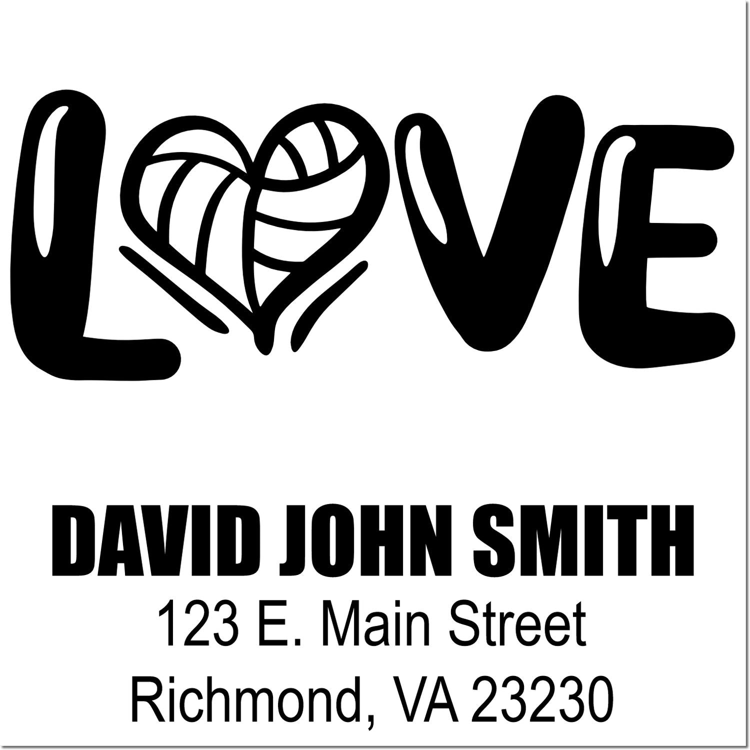 Custom LOVE return address rubber stamp with heart design for David John Smith, Richmond, VA 23230.
