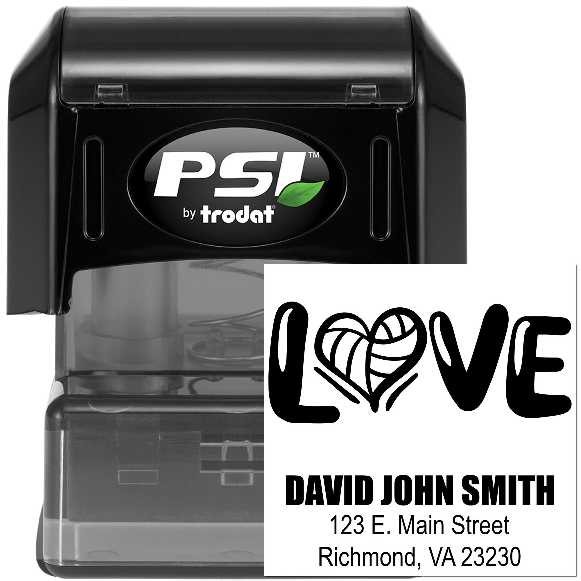 Custom self-inking rubber stamp with LOVE design and personalized address block, PSI by Trodat custom stamp for mailing.