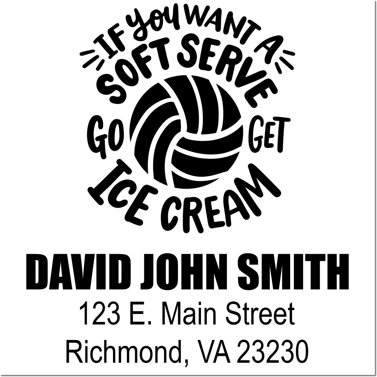 Personalized rubber stamp with volleyball soft serve design, name, and return address for David John Smith in Richmond, VA.