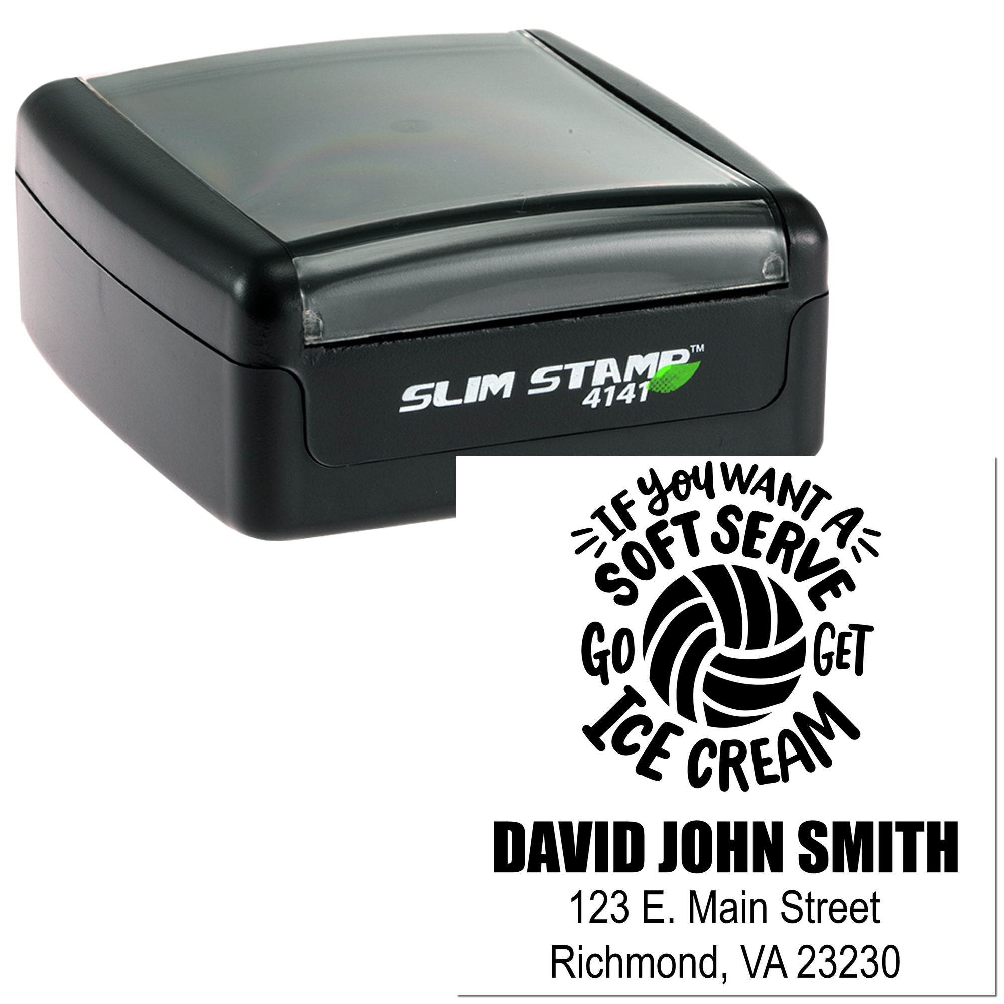 Slim Stamp 4141 self-inking rubber stamp showing a custom ice cream shop address stamp with logo, name, and address imprint.