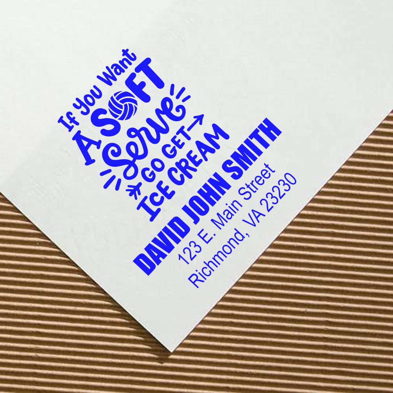 Custom blue rubber stamp proof for soft serve ice cream, featuring business name and Richmond, VA address.