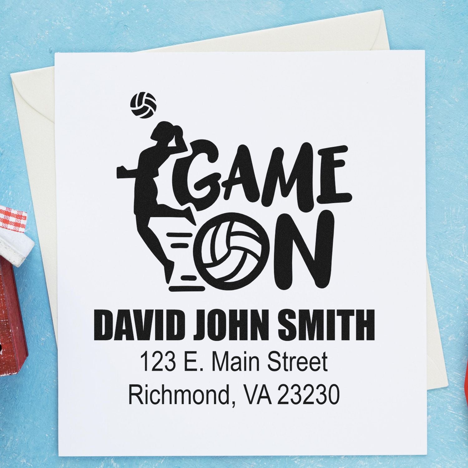 Custom volleyball Game On rubber stamp with name and return address, ideal for personalized sports stationery and mail.