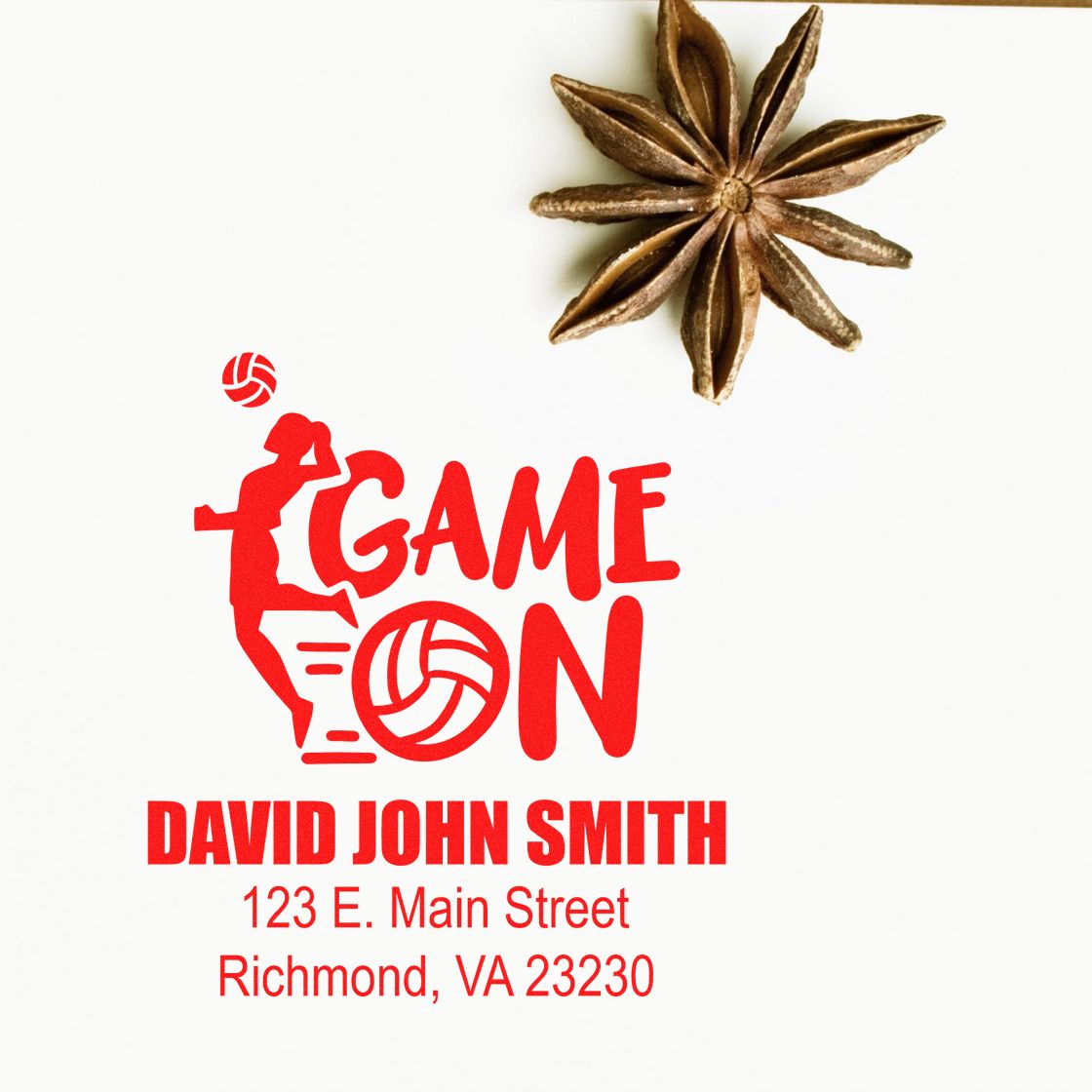 Personalized Game On rubber stamp for volleyball fans, featuring David John Smith address in Richmond, VA.