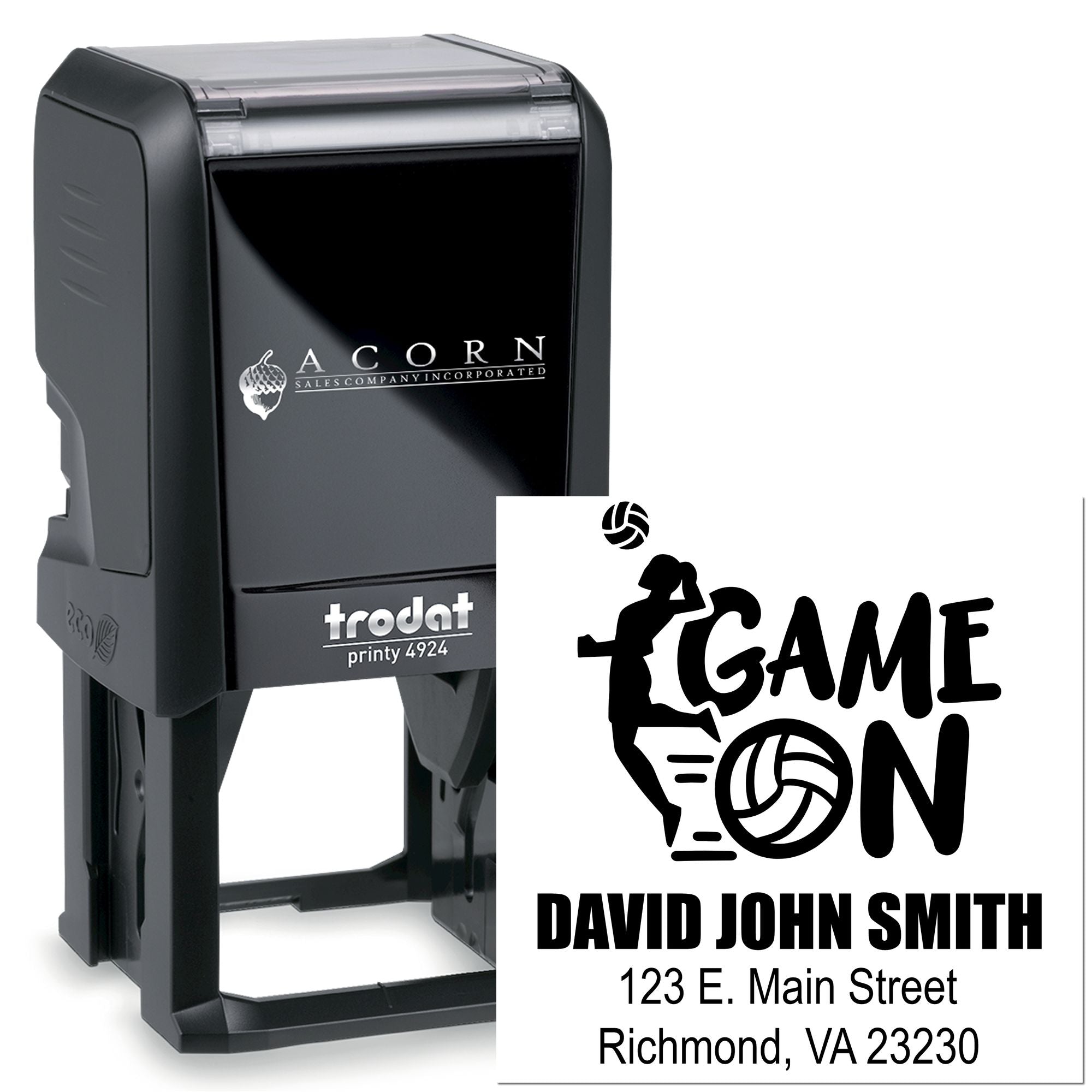 Custom self-inking rubber stamp with volleyball Game On design, name, and address for personalized sports team marking.