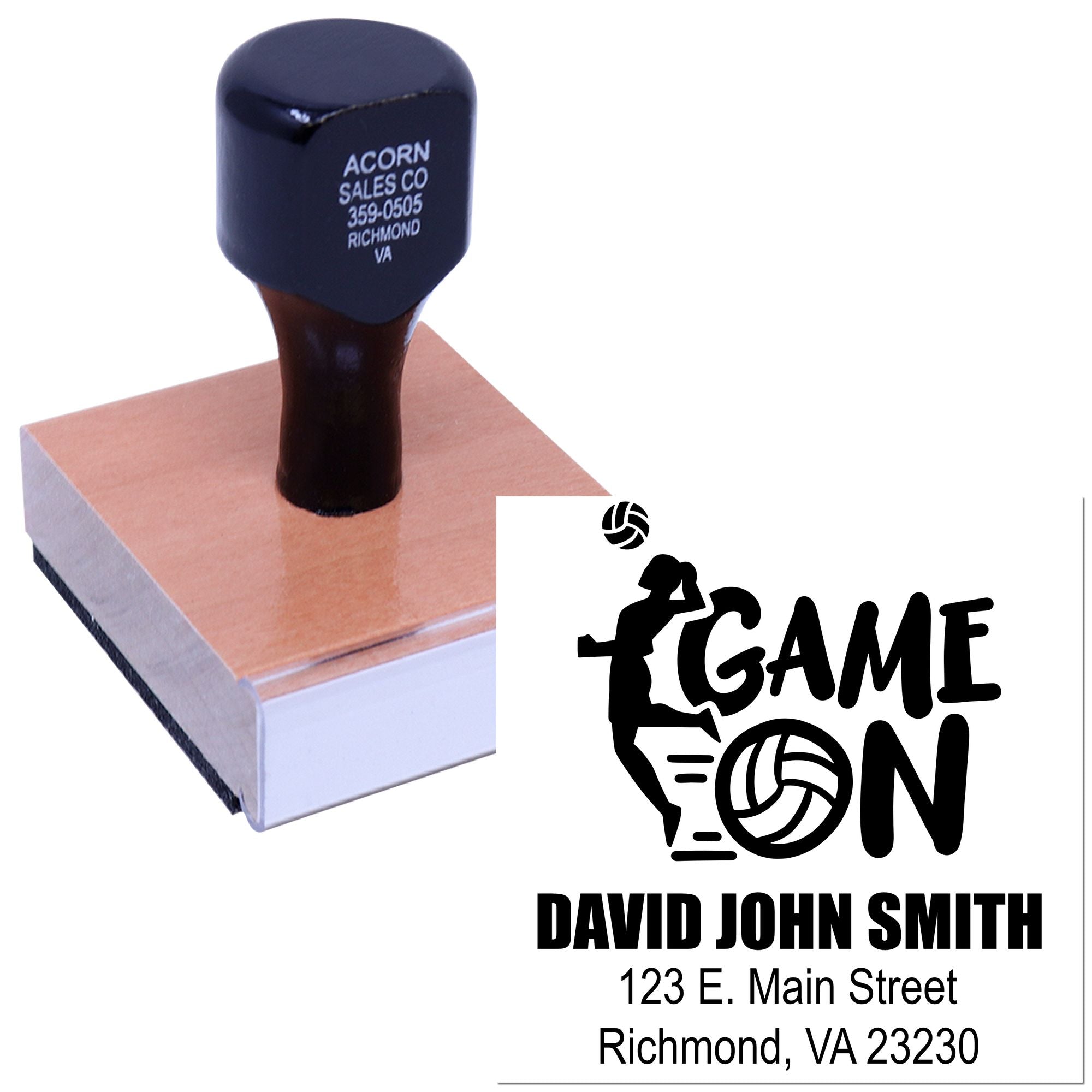 Custom volleyball rubber stamp with Game On design and personalized name and address for team or coach branding.