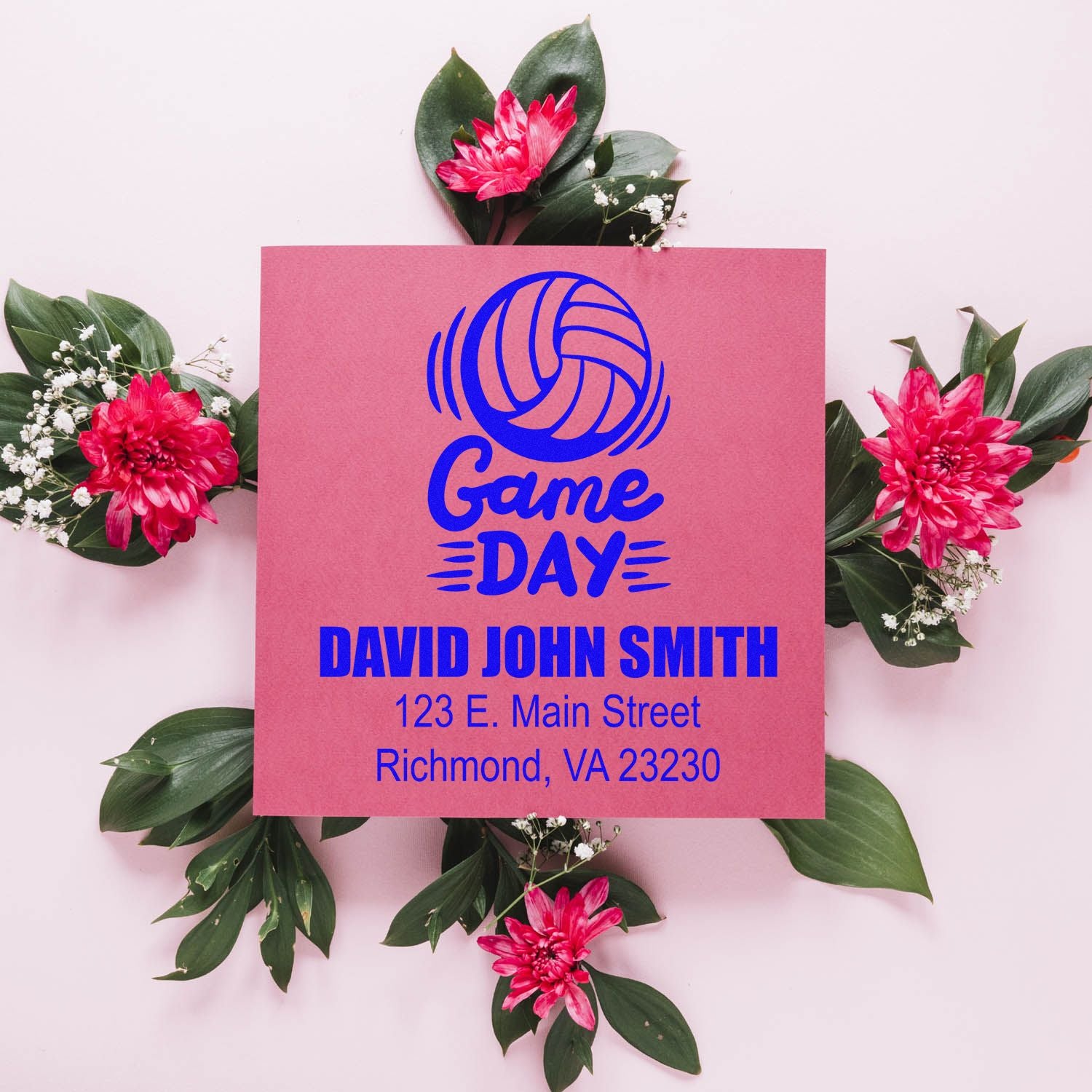 Custom Game Day rubber stamp with volleyball design, personalized name, and address for sports mailings or packaging.