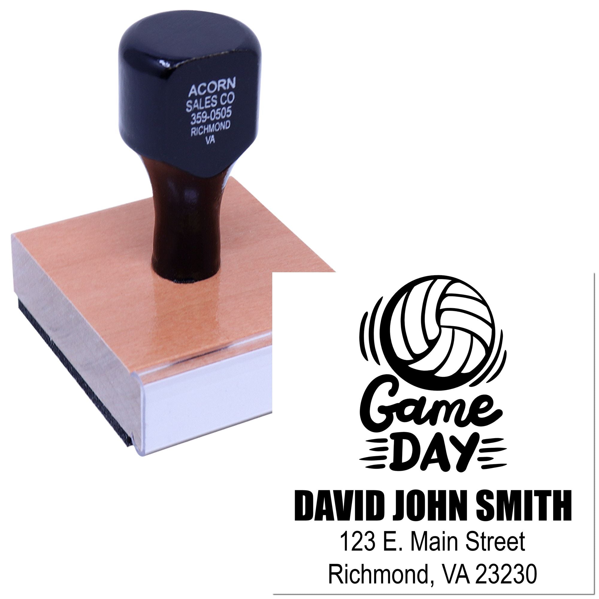 Custom rubber stamp with Game Day volleyball logo, personalized name, and address for sports team mailings.