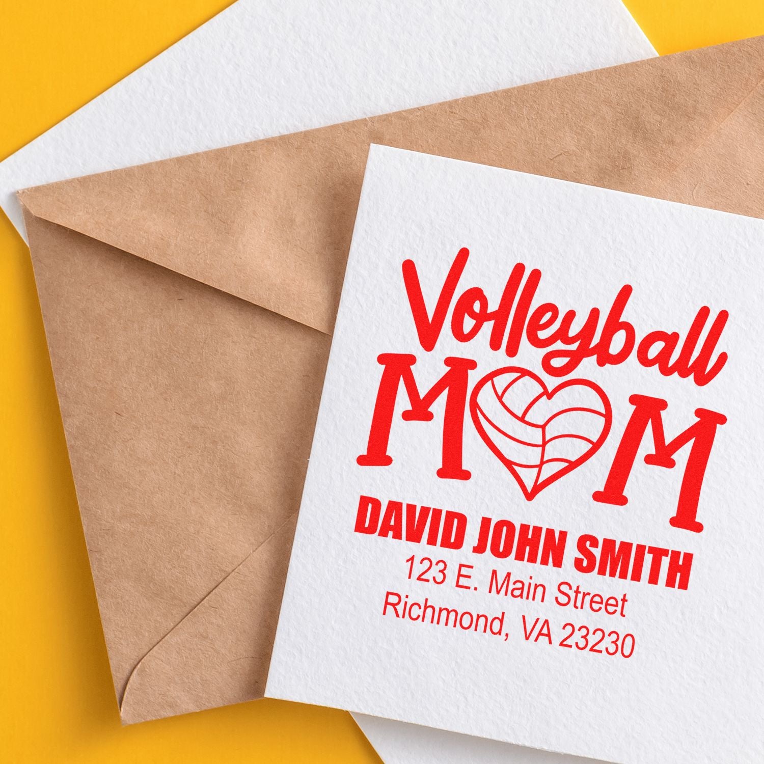 Custom volleyball mom return address rubber stamp for personalized envelopes and sports mailings.
