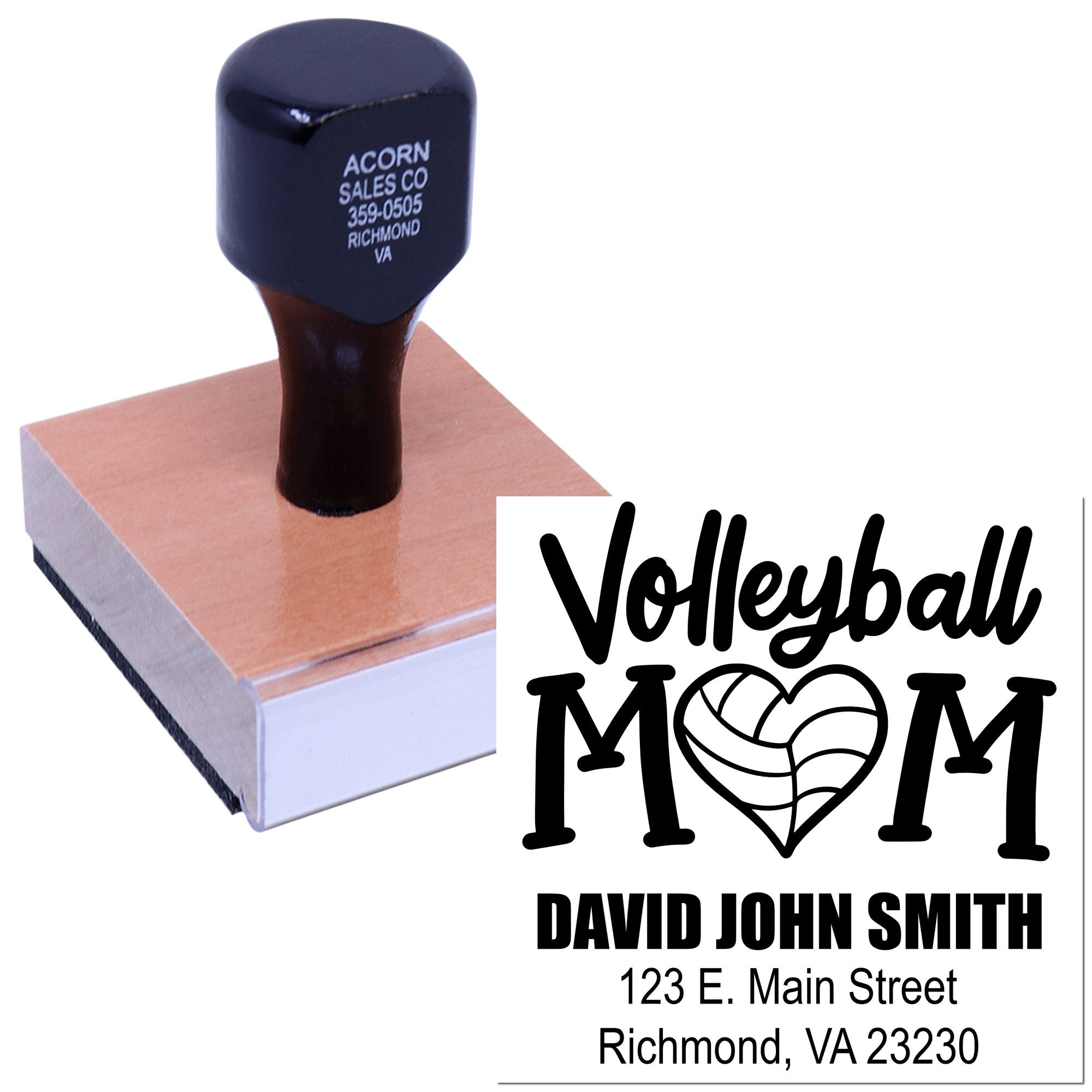 Personalized volleyball mom rubber stamp with name, address, and custom design for mailing and crafts.