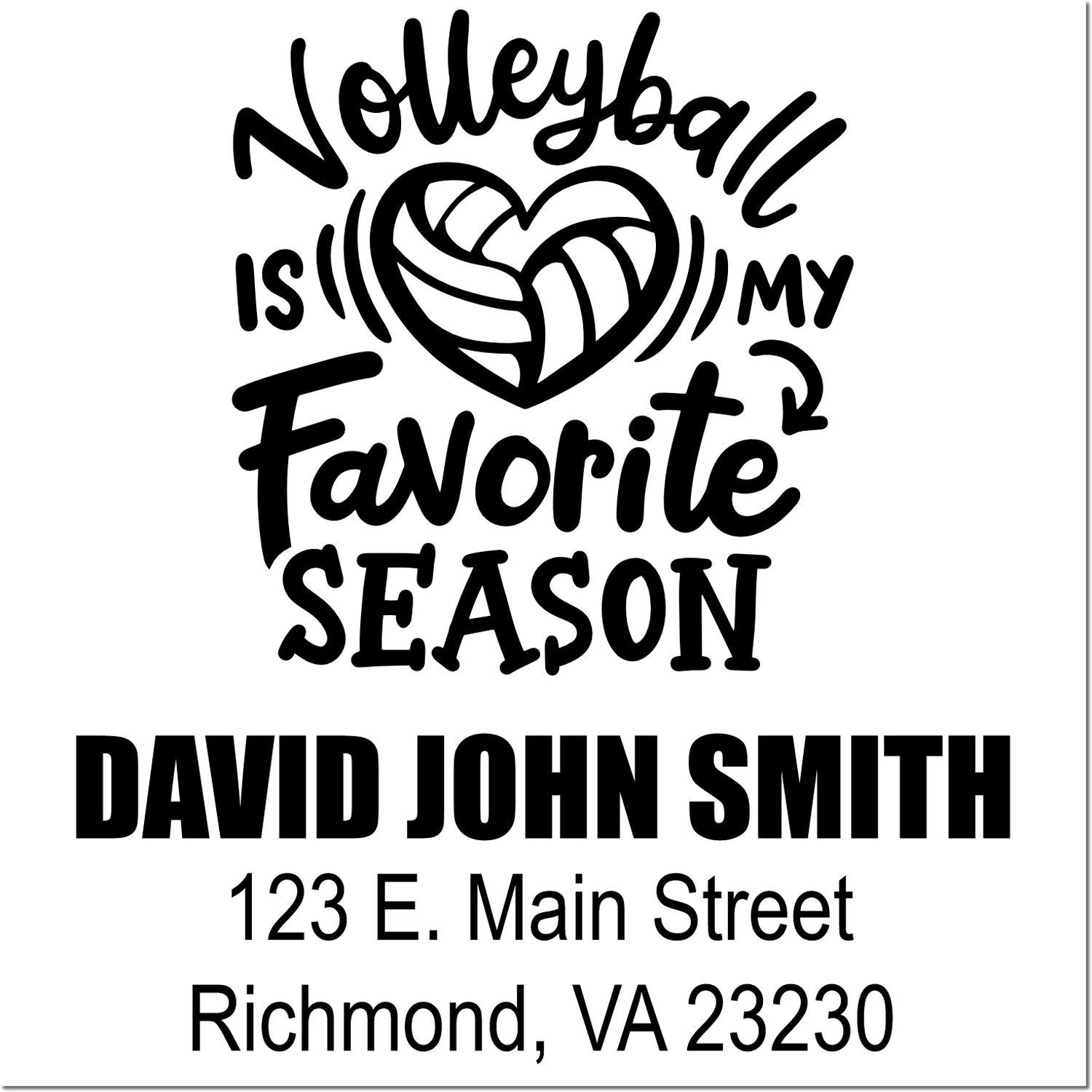 Personalized volleyball return address rubber stamp with heart volleyball design, David John Smith, Richmond, VA 23230.
