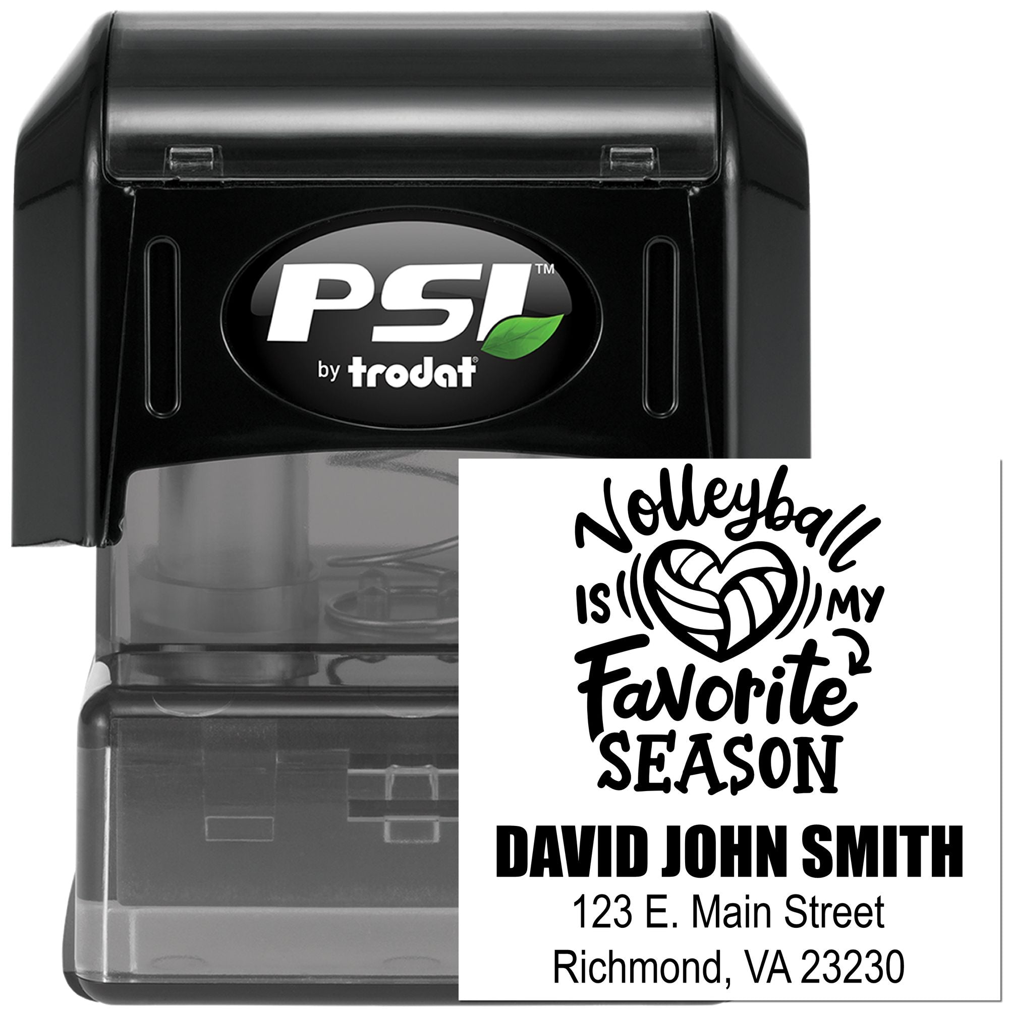 PSI by Trodat self-inking rubber stamp with custom volleyball quote, name, and address for personalized stationery