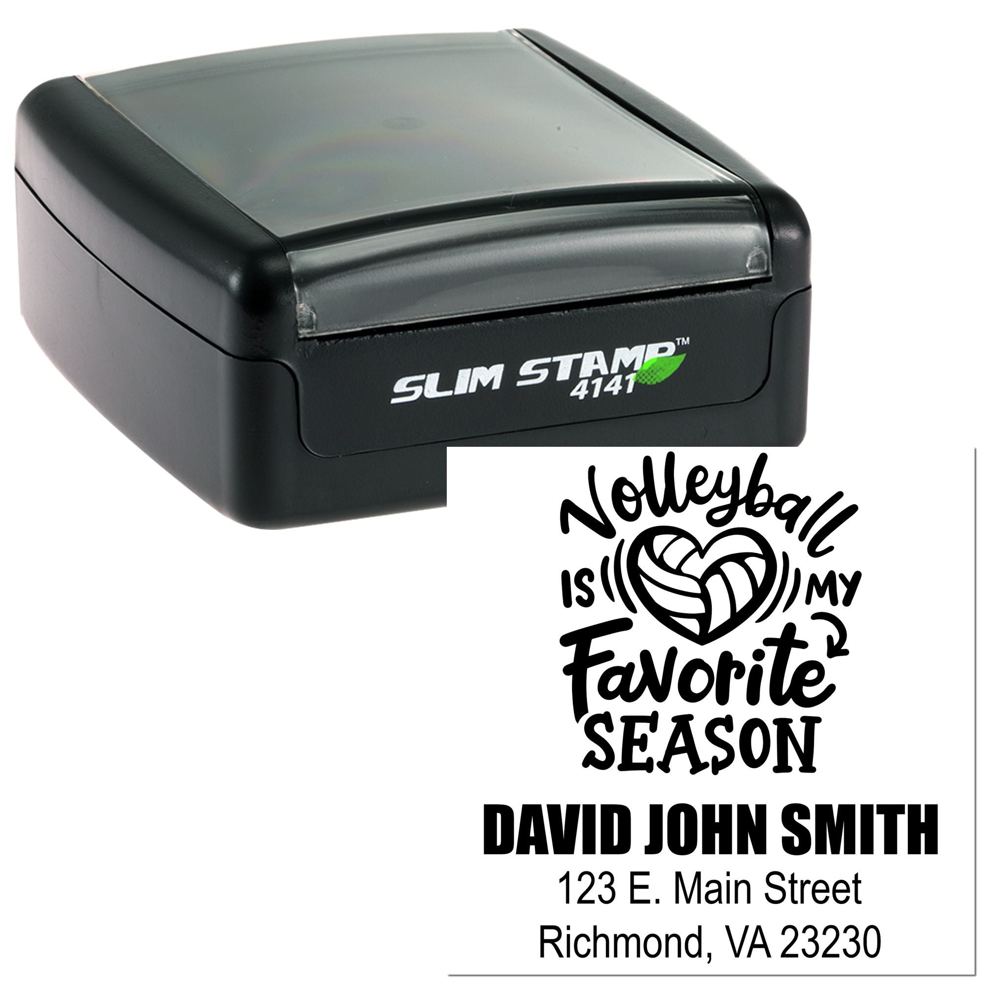 Personalized self-inking rubber stamp with volleyball design and custom name and return address imprint.