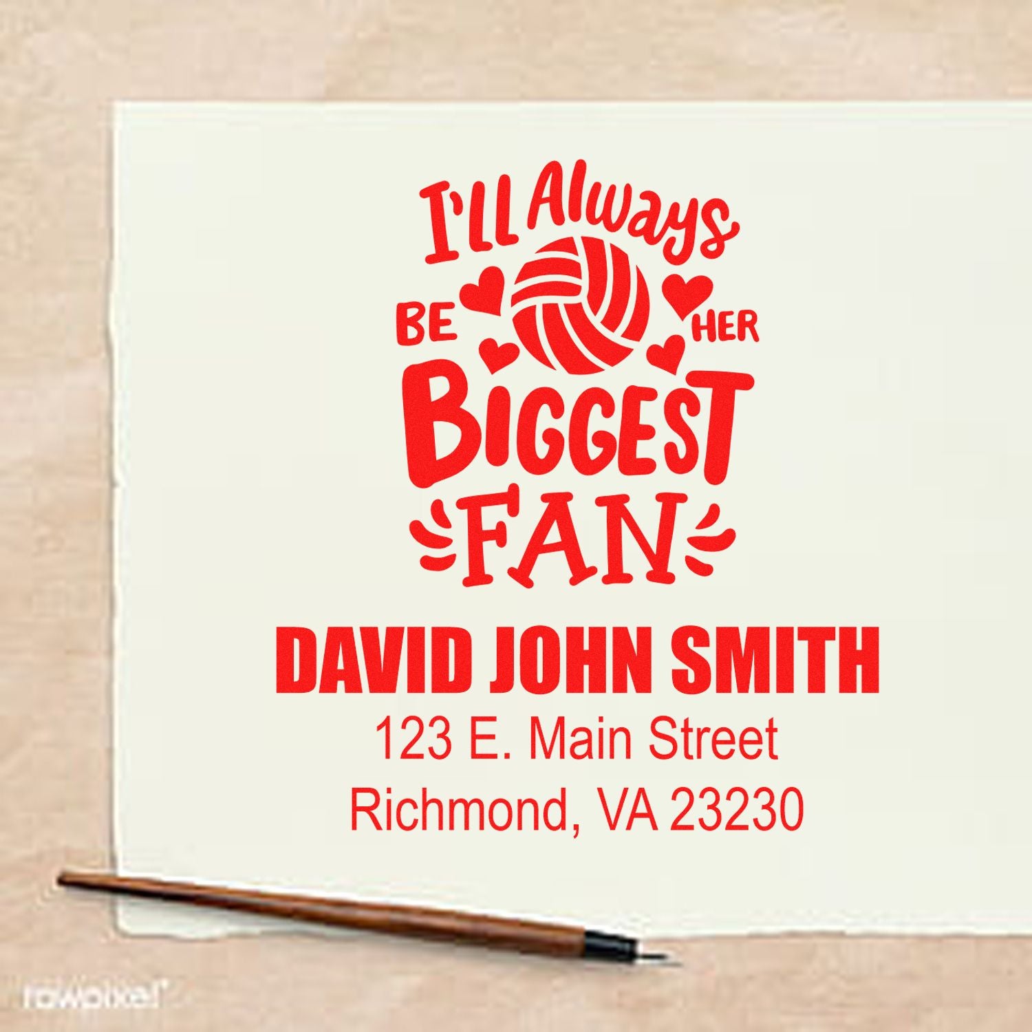Personalized rubber stamp with Ill Always Be Her Biggest Fan volleyball design and custom name and address.