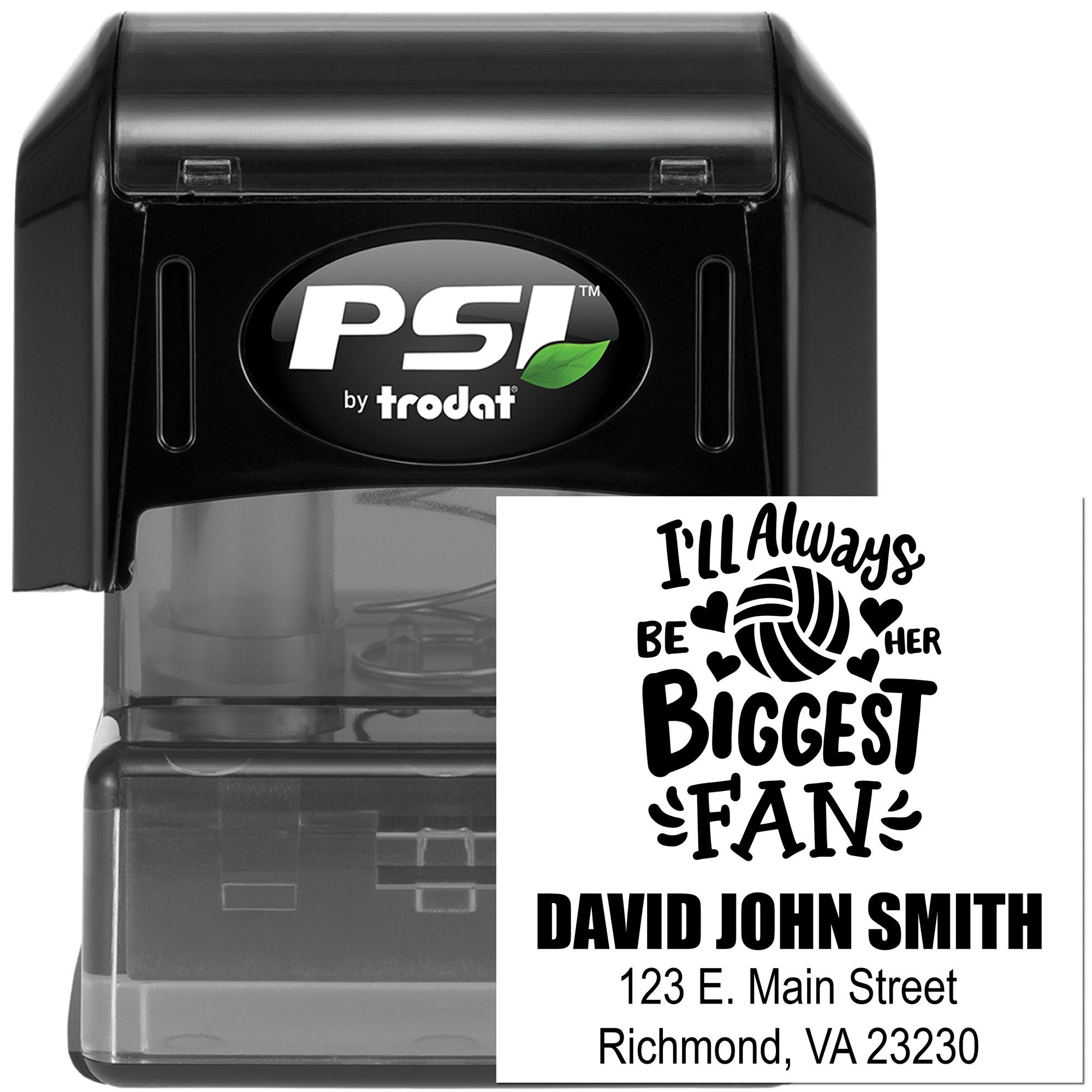 Personalized self-inking rubber stamp, PSI by Trodat, with custom volleyball fan name and address design.