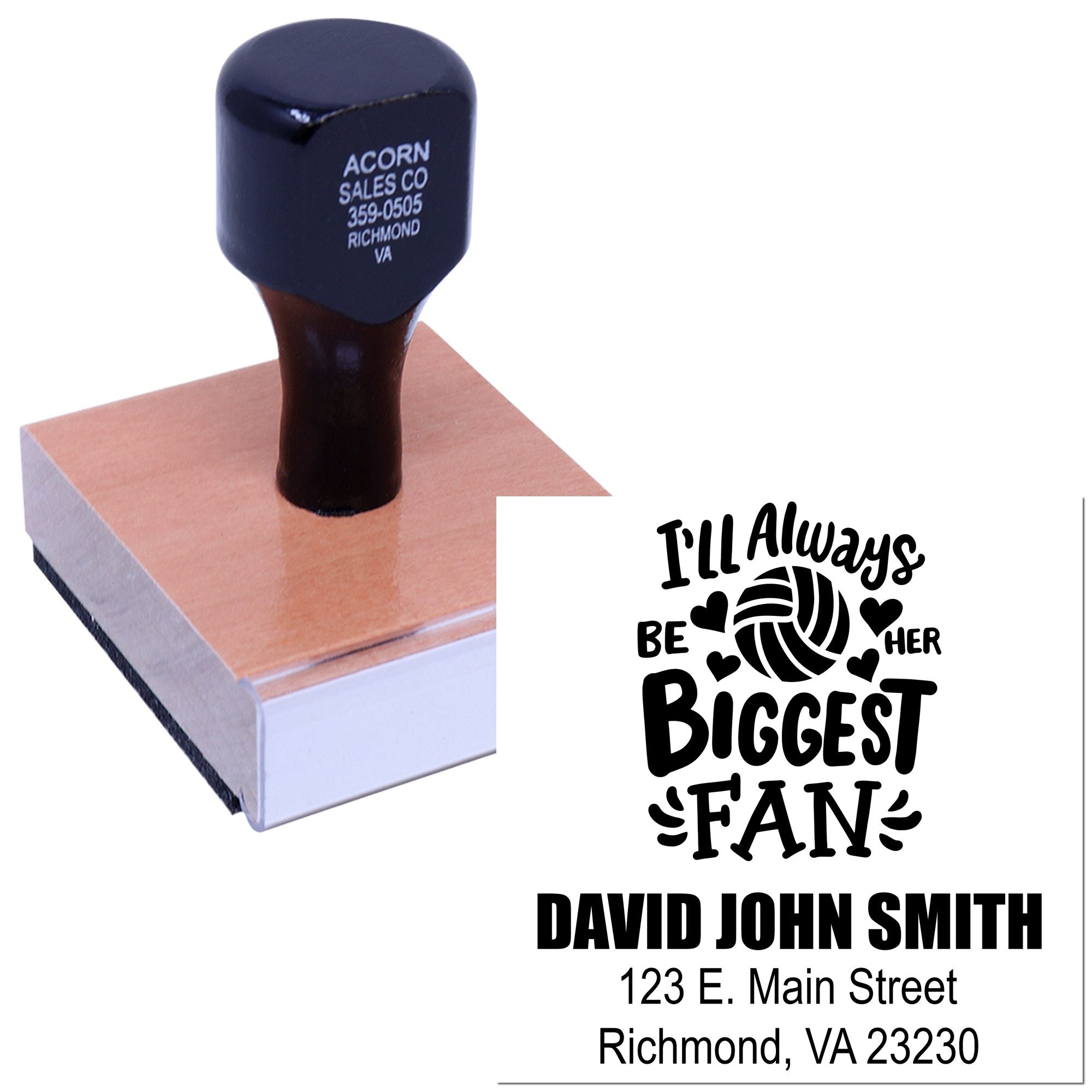 Custom rubber stamp with Ill Always Be Her Biggest Fan design and personalized name and address for fan gifts