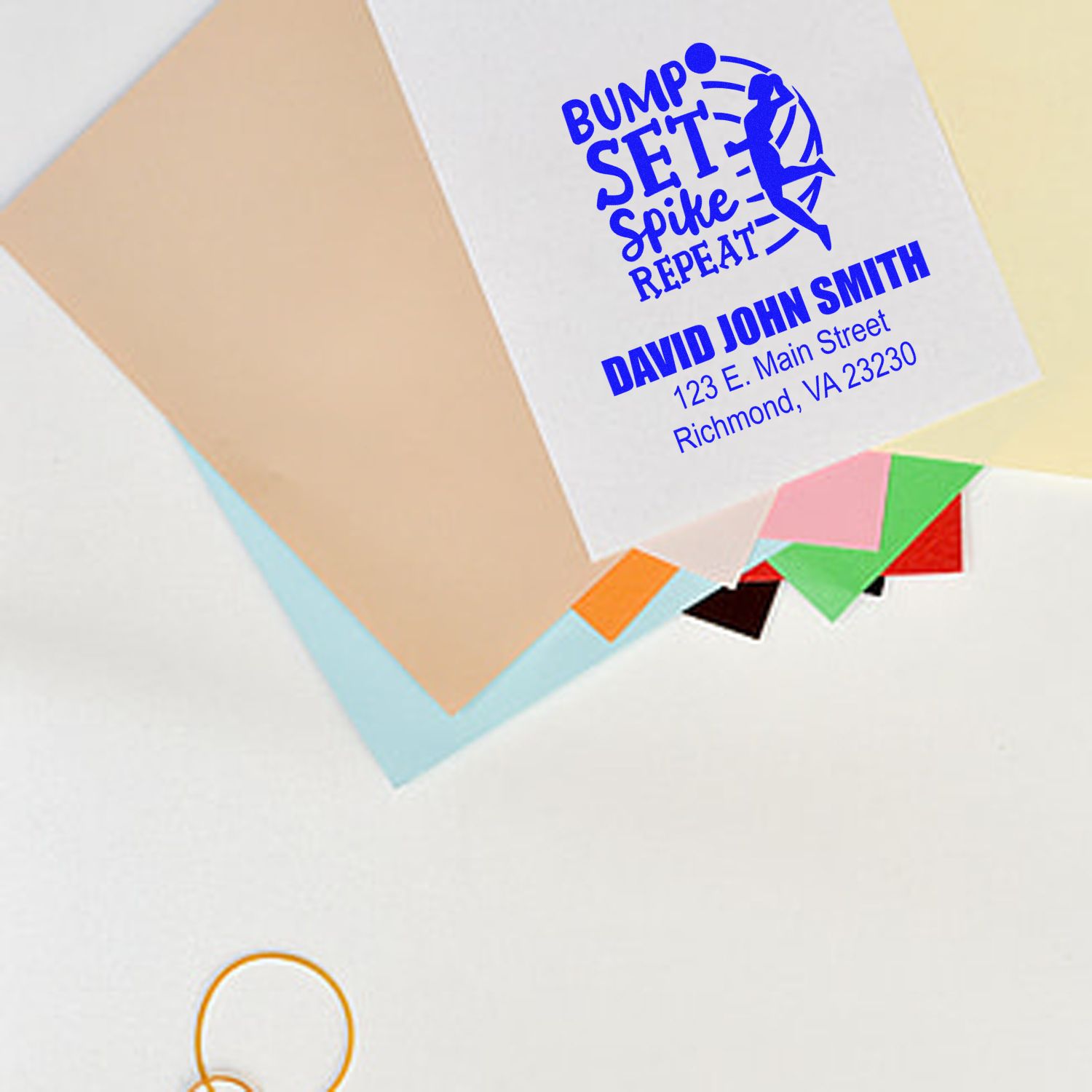 Personalized rubber address stamp with volleyball Bump Set Spike Repeat design for custom stationery and mailings.