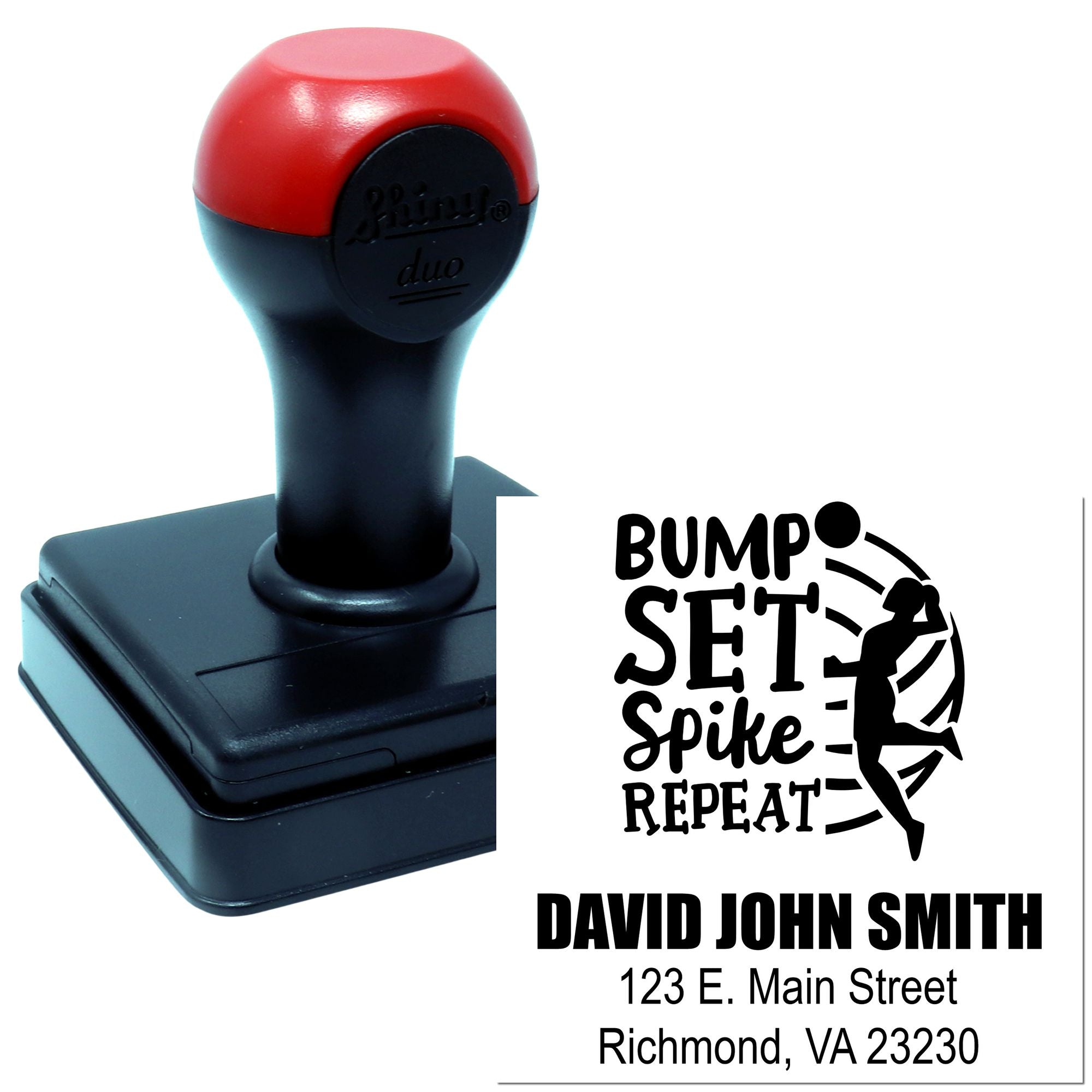 Custom self-inking rubber stamp with volleyball Bump Set Spike Repeat design and personalized name and address.