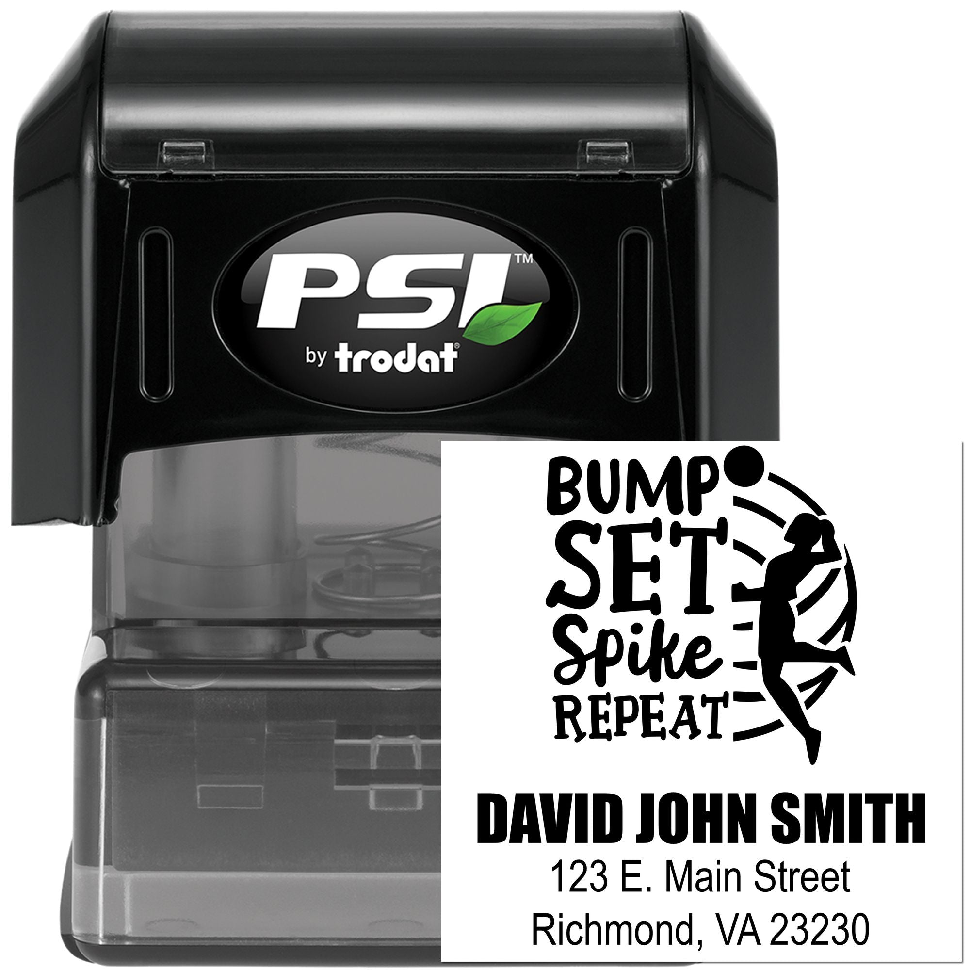 PSI by Trodat custom rubber stamp with Bump Set Spike Repeat volleyball design and name/address imprint for personalized stamping