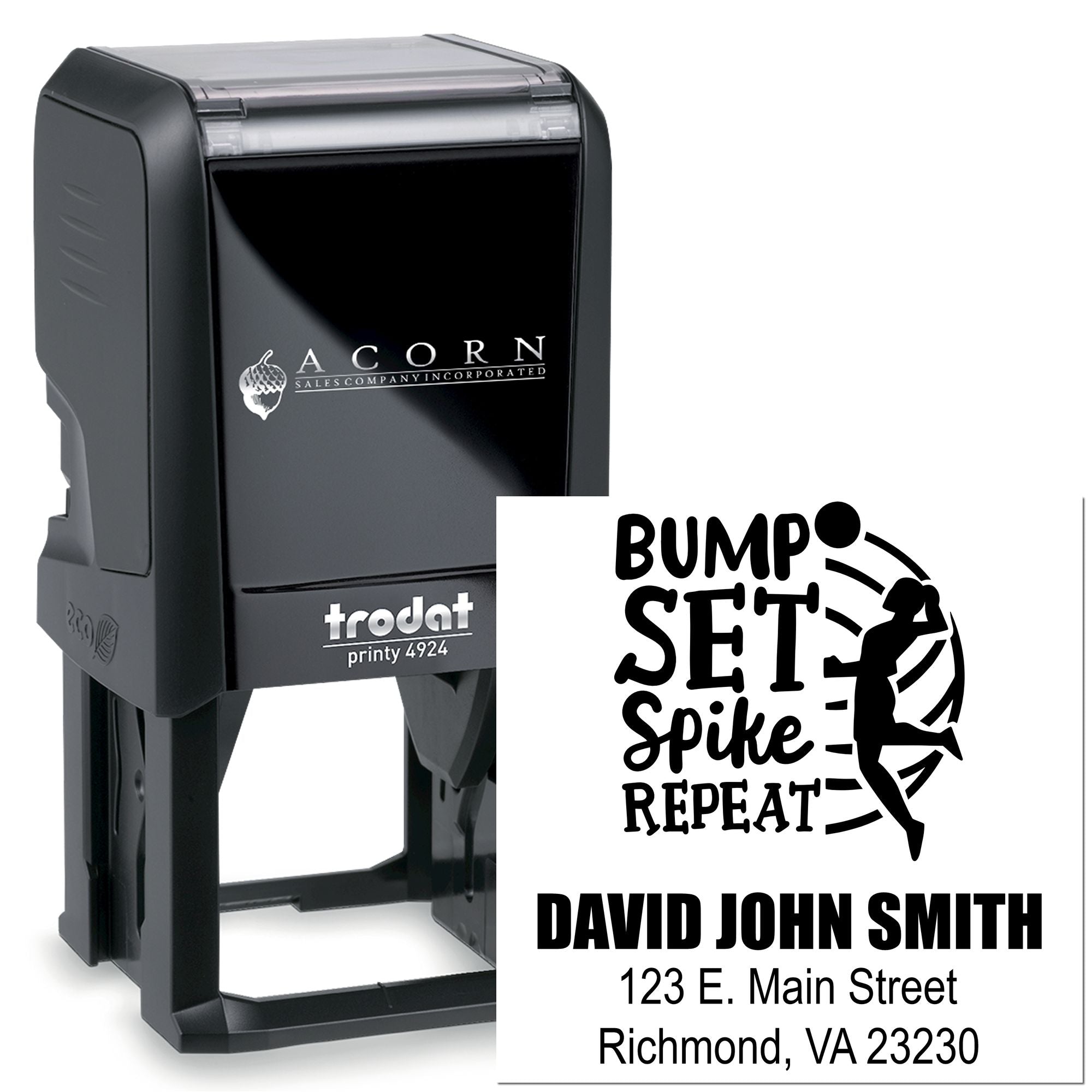 Trodat Printy 4924 custom self-inking rubber stamp with volleyball Bump Set Spike Repeat design and address.