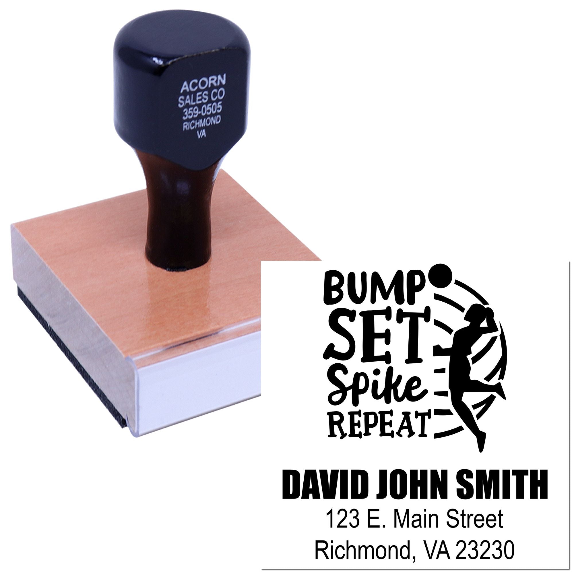 Custom rubber stamp with volleyball Bump Set Spike Repeat design and personalized return address for David John Smith.
