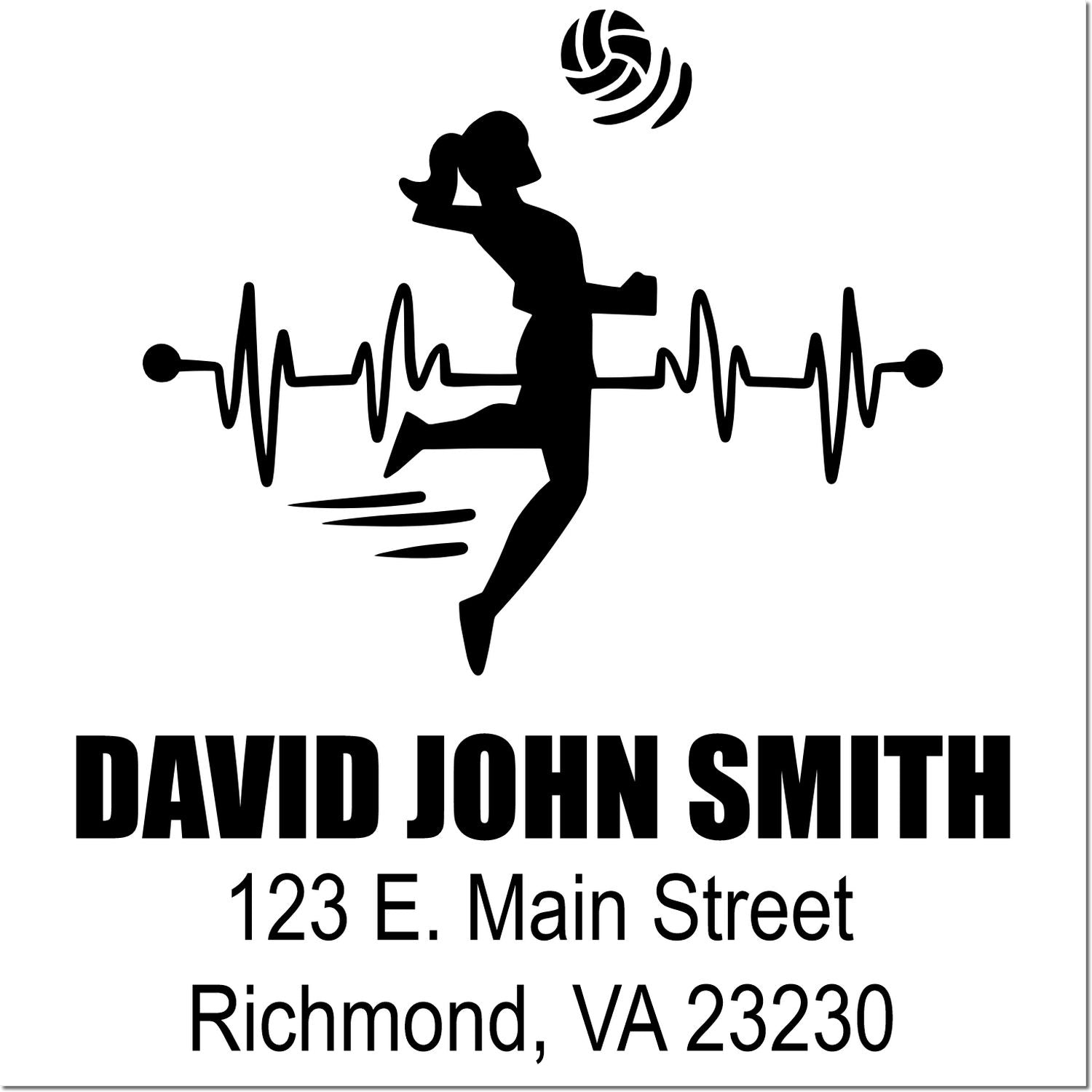Personalized volleyball rubber stamp with athlete silhouette, name, and return address for custom mailing and branding.