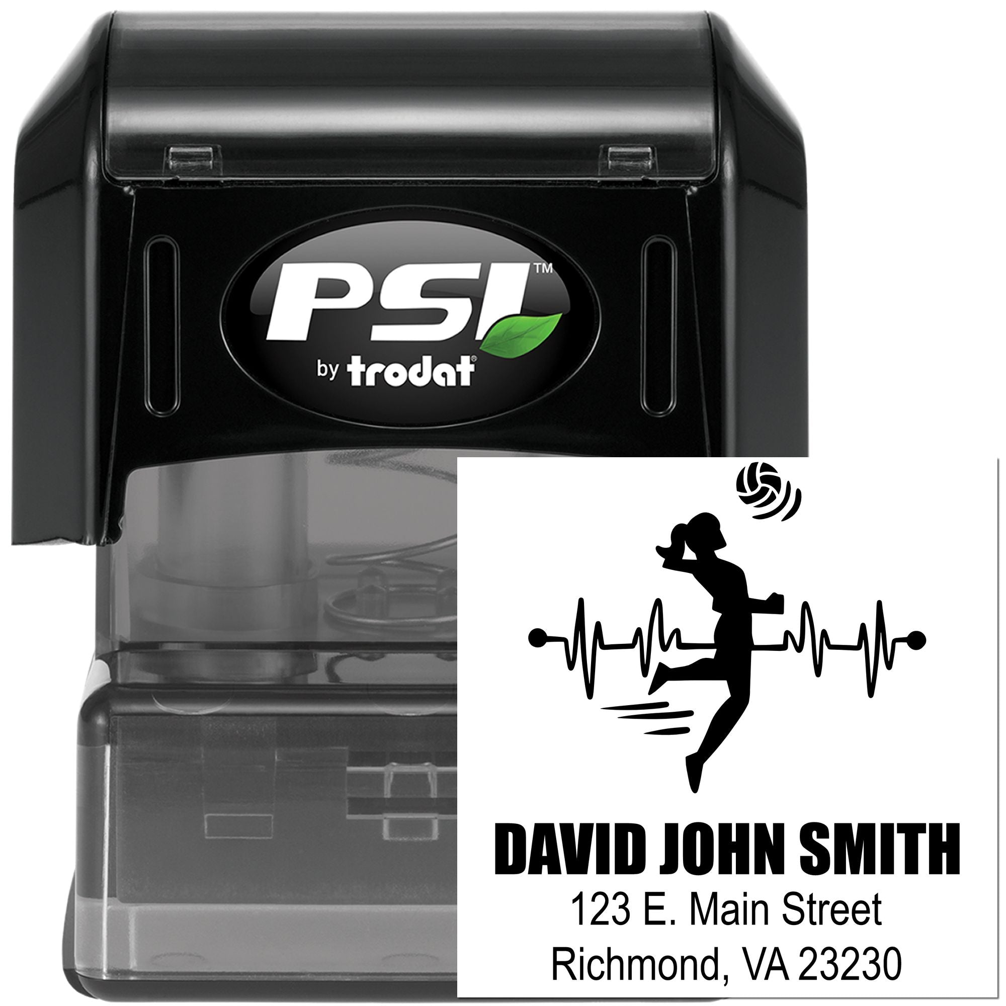 Custom self-inking rubber stamp by PSI by Trodat with volleyball player design and personalized name and address.