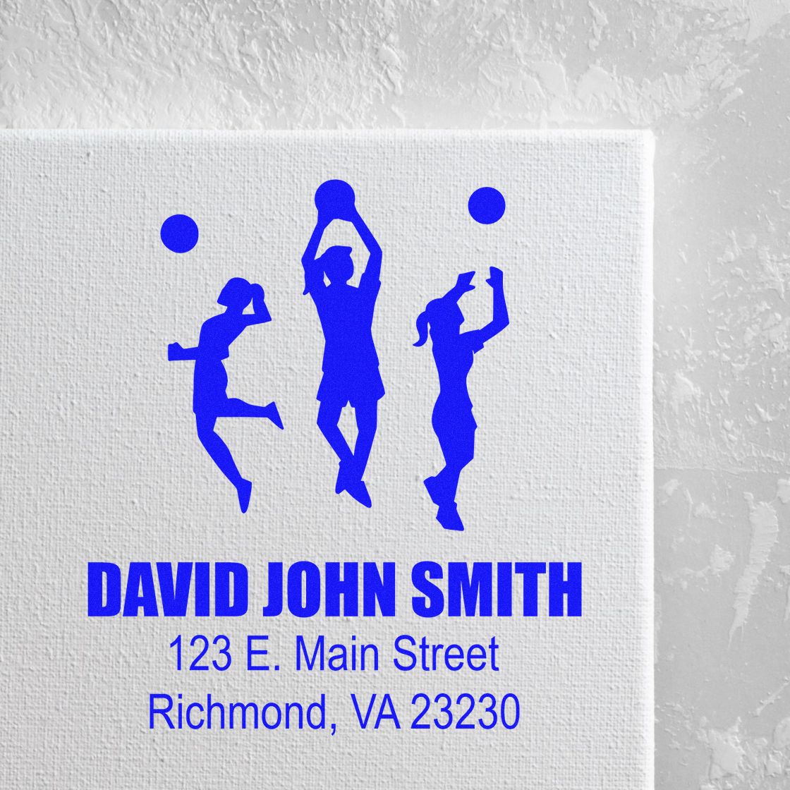 Personalized return address rubber stamp for David John Smith, Richmond VA, with volleyball player silhouette.