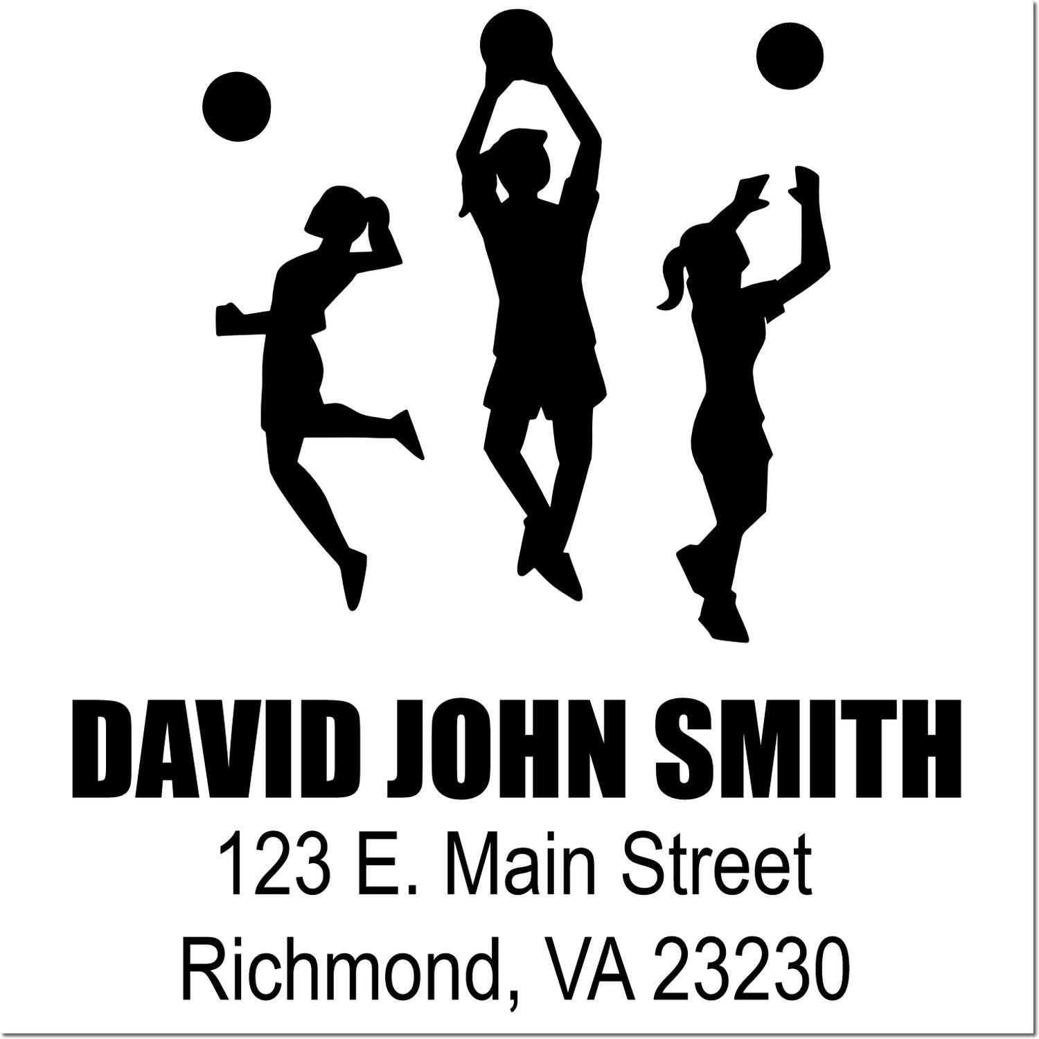 Custom volleyball rubber address stamp with three player silhouettes, David John Smith, 123 E. Main Street, Richmond, VA 23230