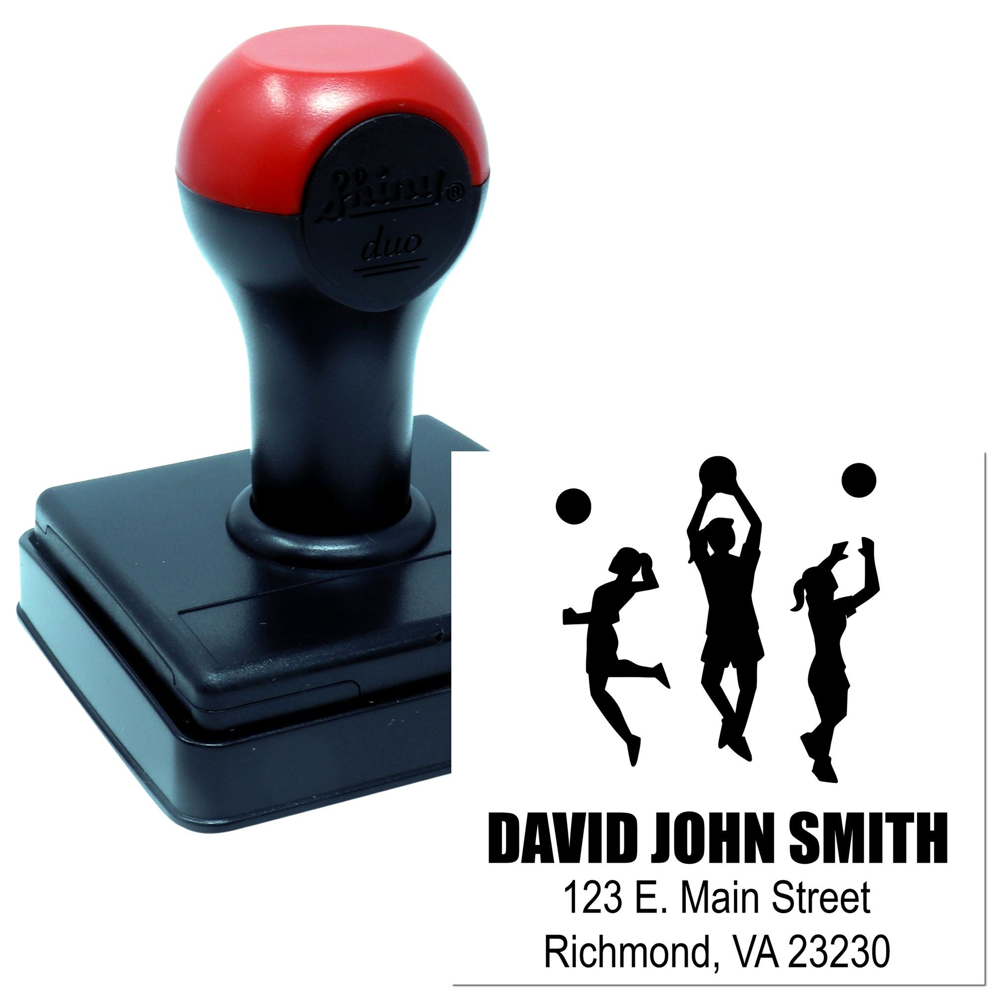 Personalized volleyball self-inking rubber stamp with custom name and address, shown with red-and-black stamper.
