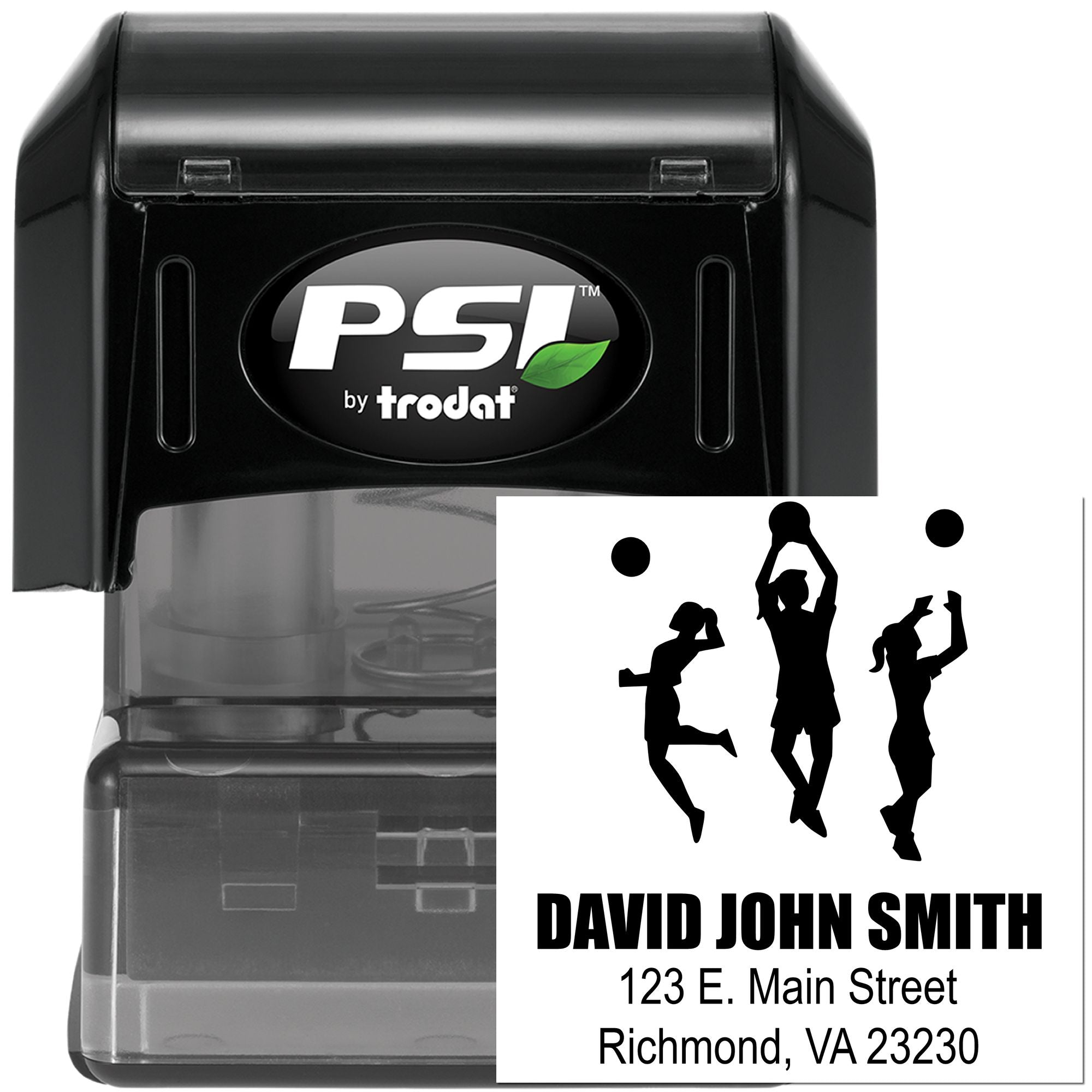 Custom self-inking rubber stamp with gymnast design and name and address, ideal for personalized business or event branding.